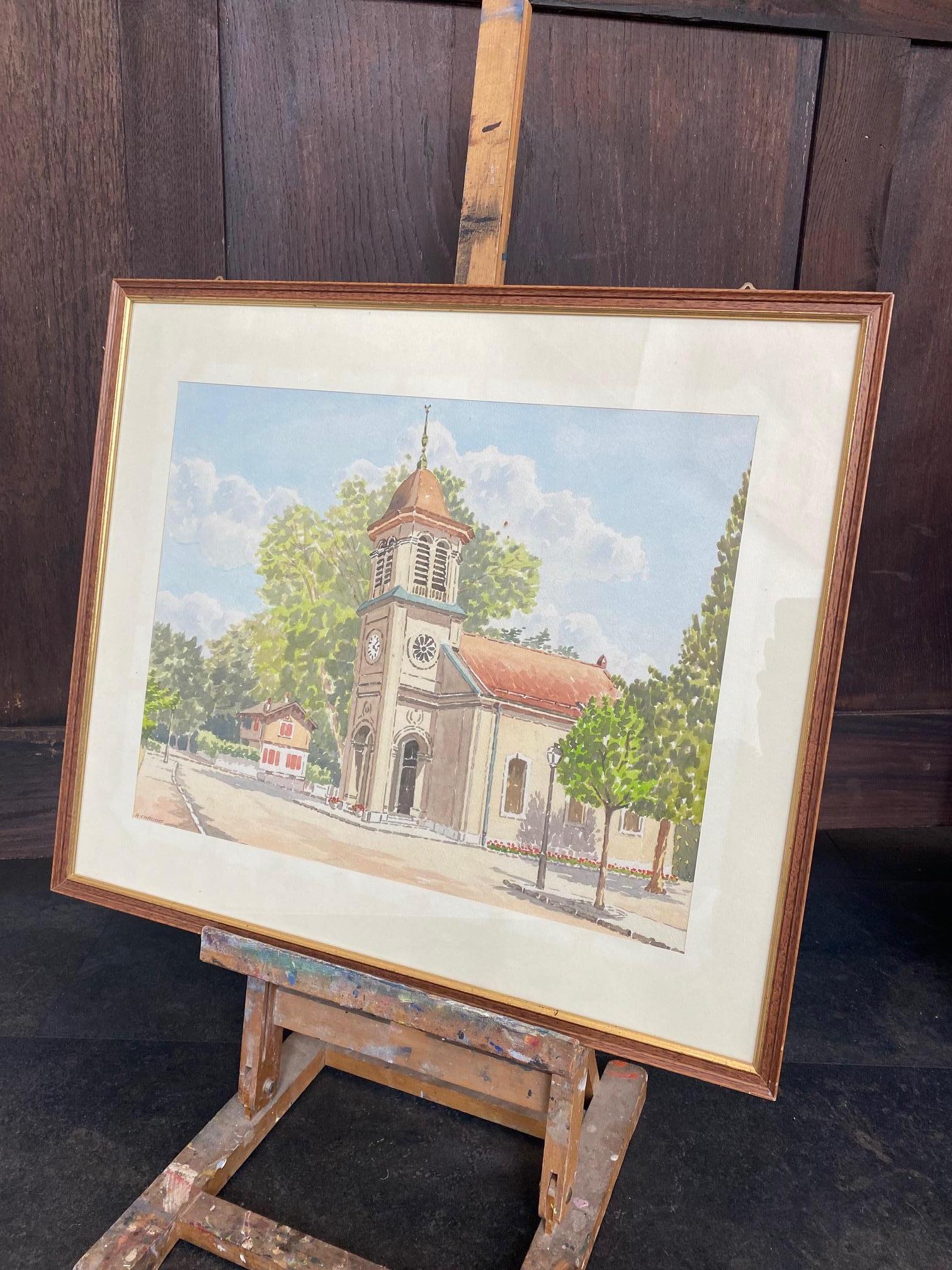 Watercolor by A. Chaudet - The village church  For Sale 4