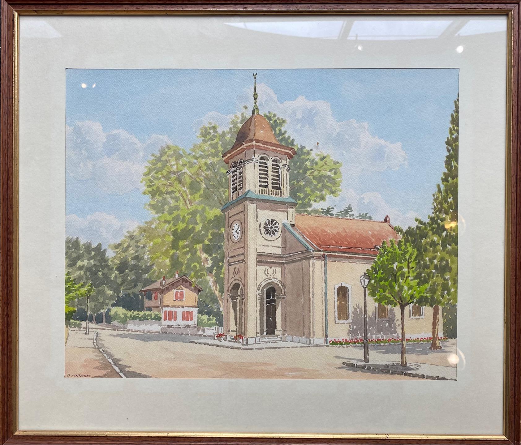 Watercolor by A. Chaudet - The village church  For Sale 1