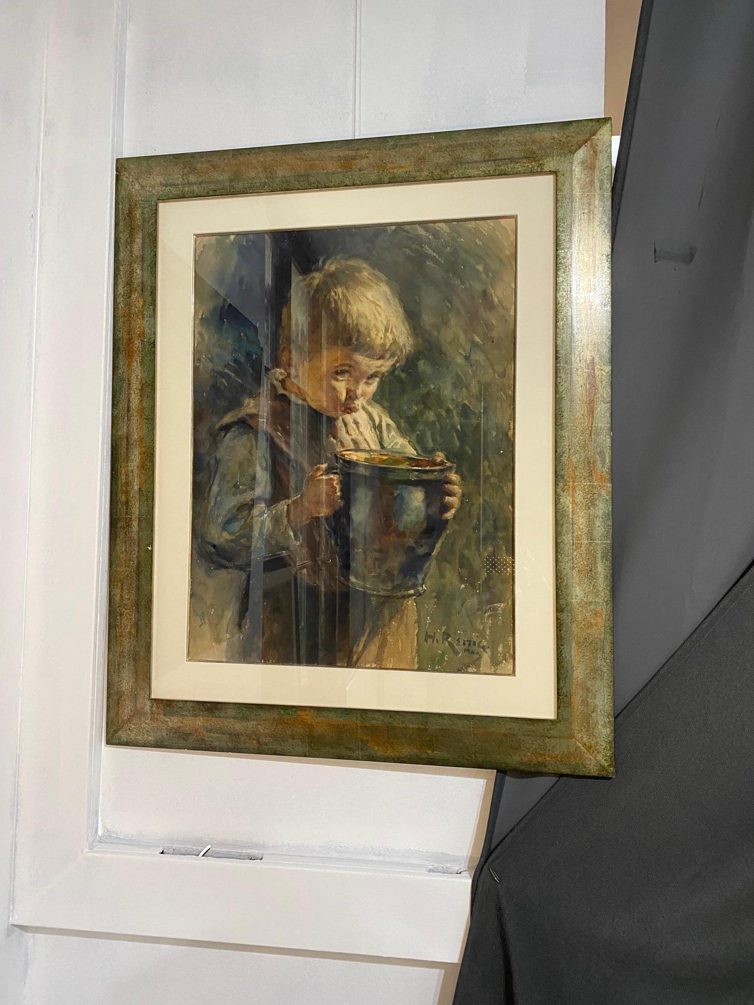 Young boy with carafe by Heinrich Rettig - Watercolor on paper 60x76 cm For Sale 1