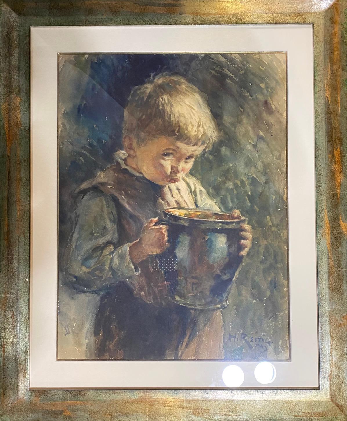 Young boy with carafe von Heinrich Rettig - Aquarell auf Papier 60x76 cm im Angebot 1