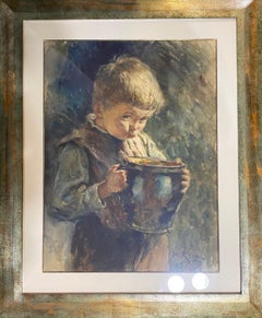 Young boy with carafe by Heinrich Rettig - Watercolor on paper 60x76 cm
