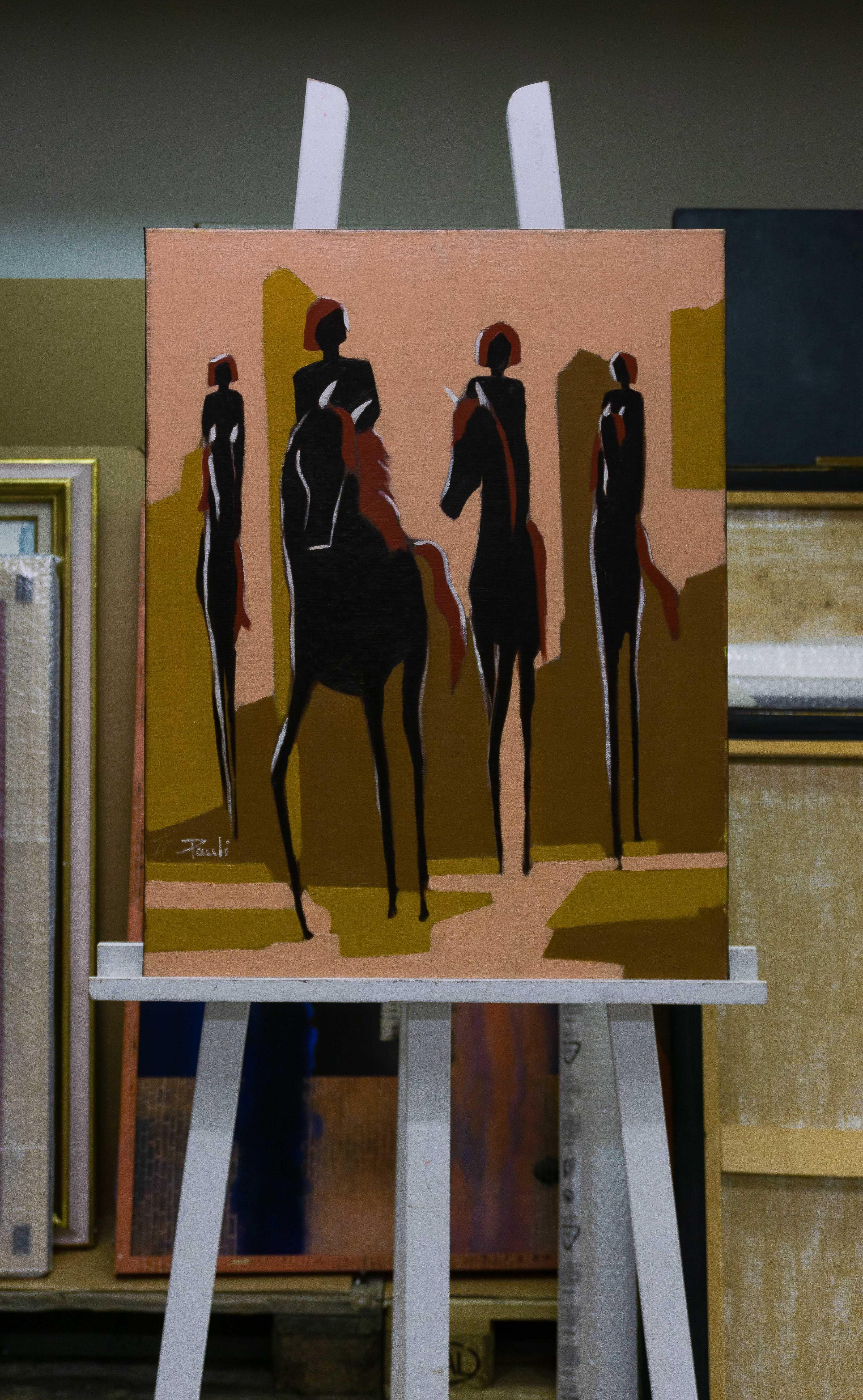 „Die Reiter der Apokalyptuswelt“ von Gilbert Pauli – Öl auf Leinwand 50x65 cm  im Angebot 1