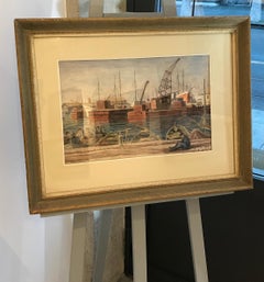 Port de Majorque, Palma par Pierre Desaules - Gouache sur papier 29x44 cm