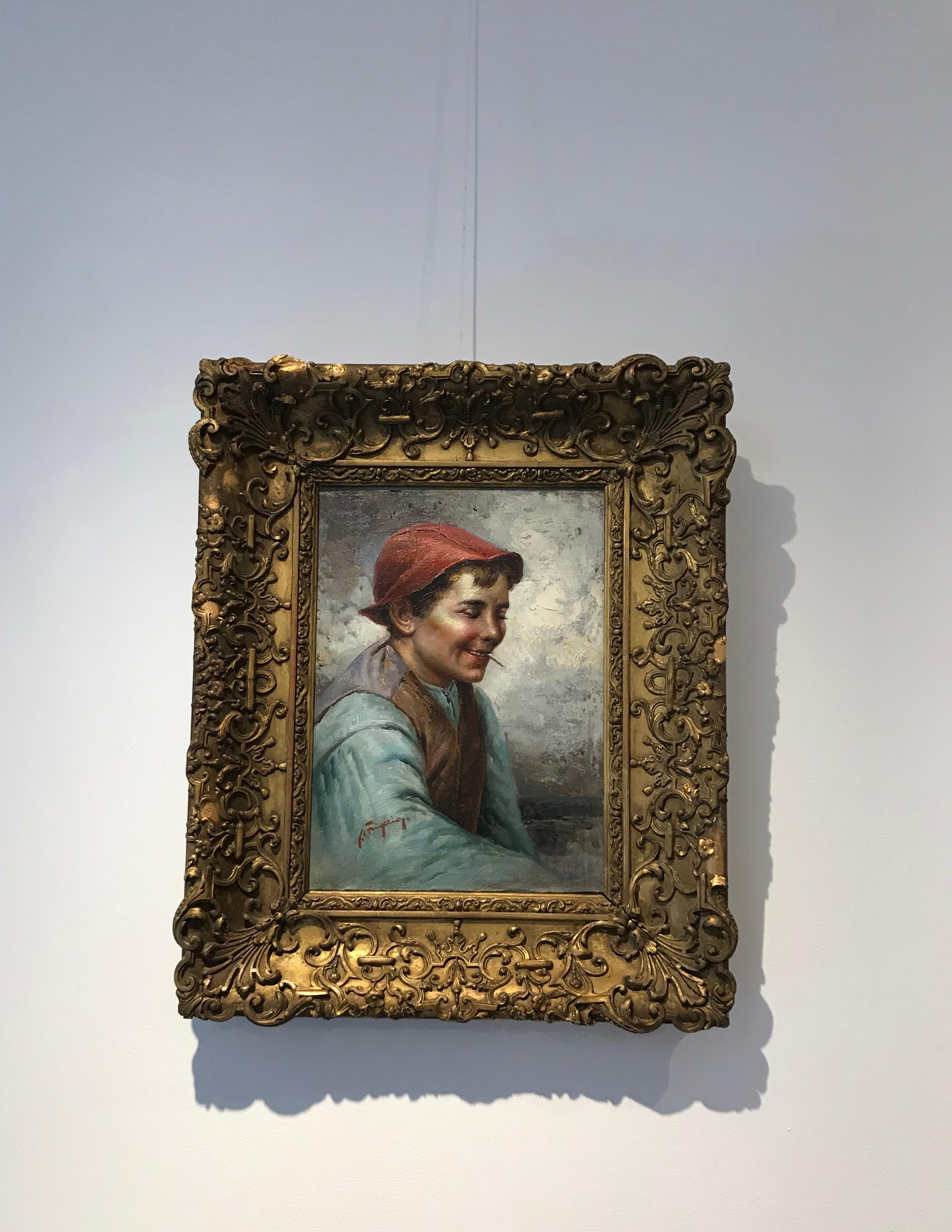 Boy with cigarette by Raffaelle Frigerio - Oil on wood 23x30 cm im Angebot 1