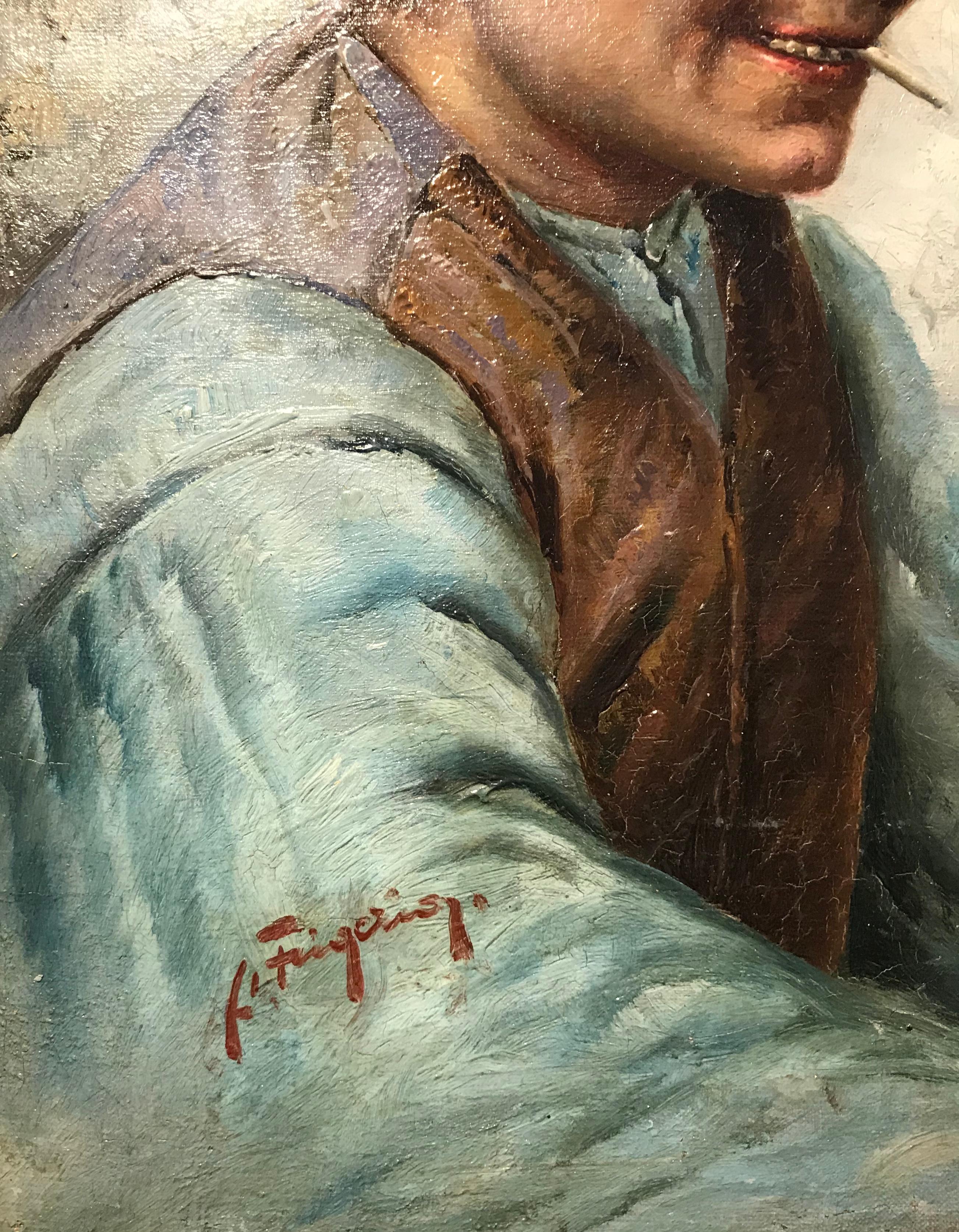 Boy with cigarette by Raffaelle Frigerio - Oil on wood 23x30 cm im Angebot 2