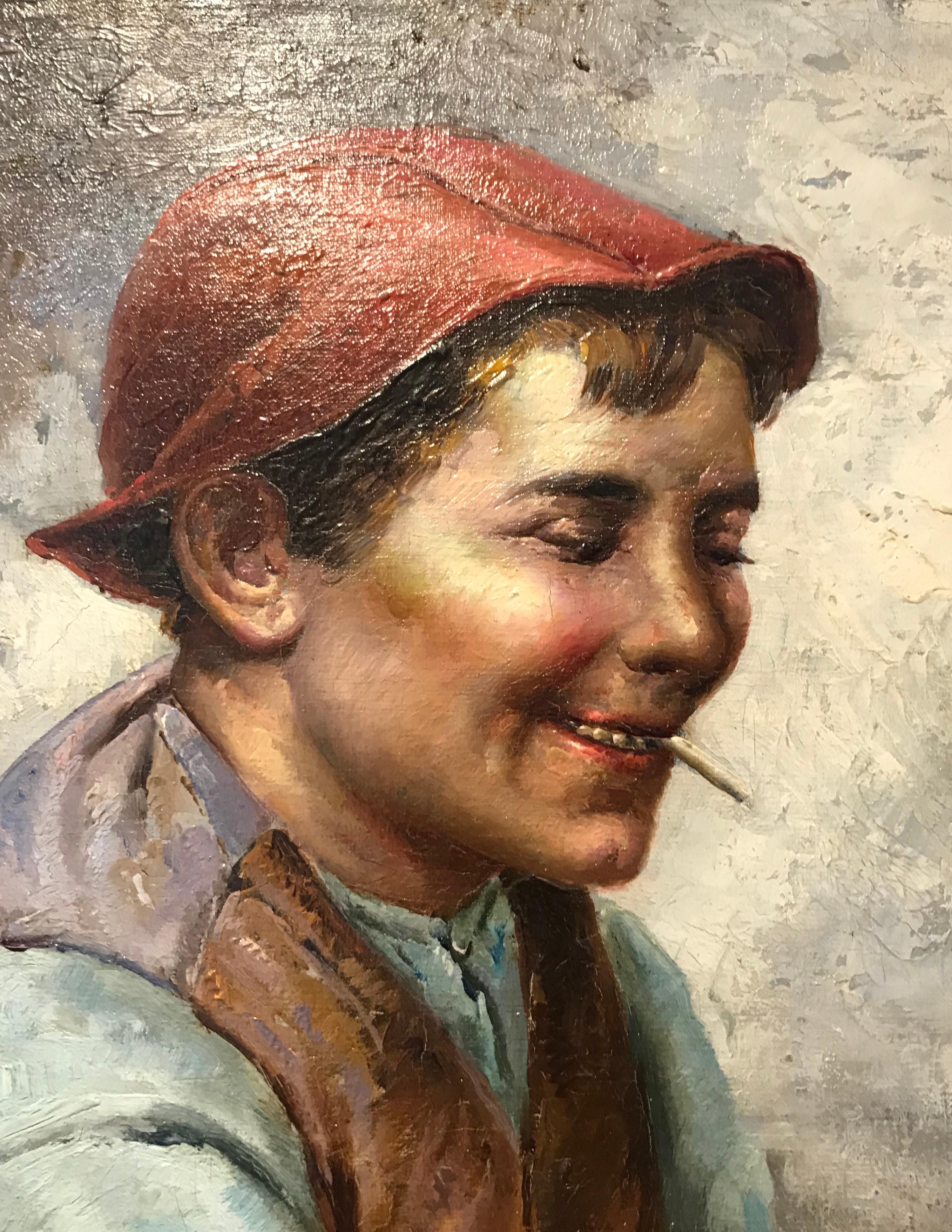 Boy with cigarette by Raffaelle Frigerio - Oil on wood 23x30 cm im Angebot 3