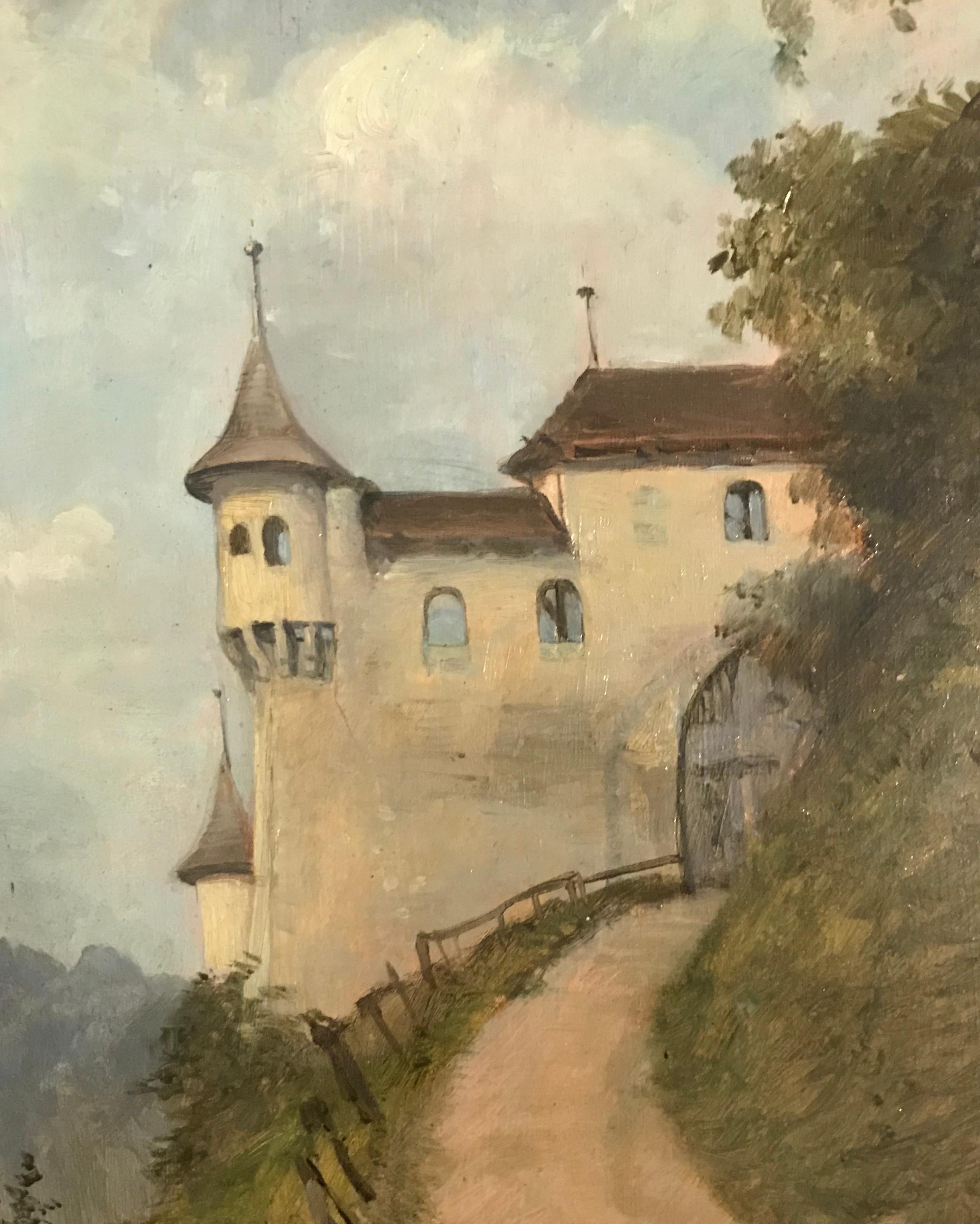 La via del castello di Armand Leleux - Olio su tavola 20x28 cm in vendita 3