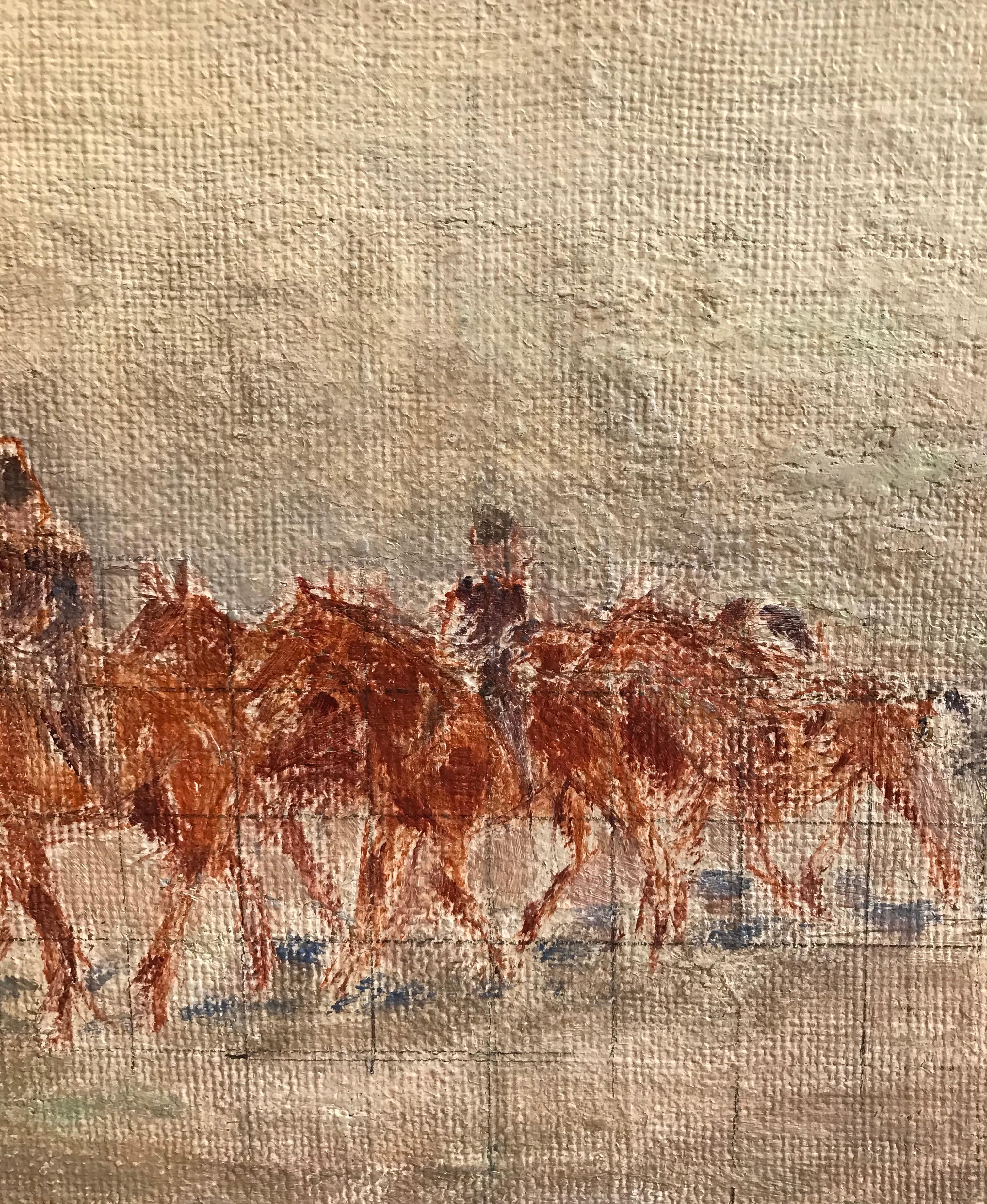 Horses race - Beige Animal Painting by Louis Henri Salzmann