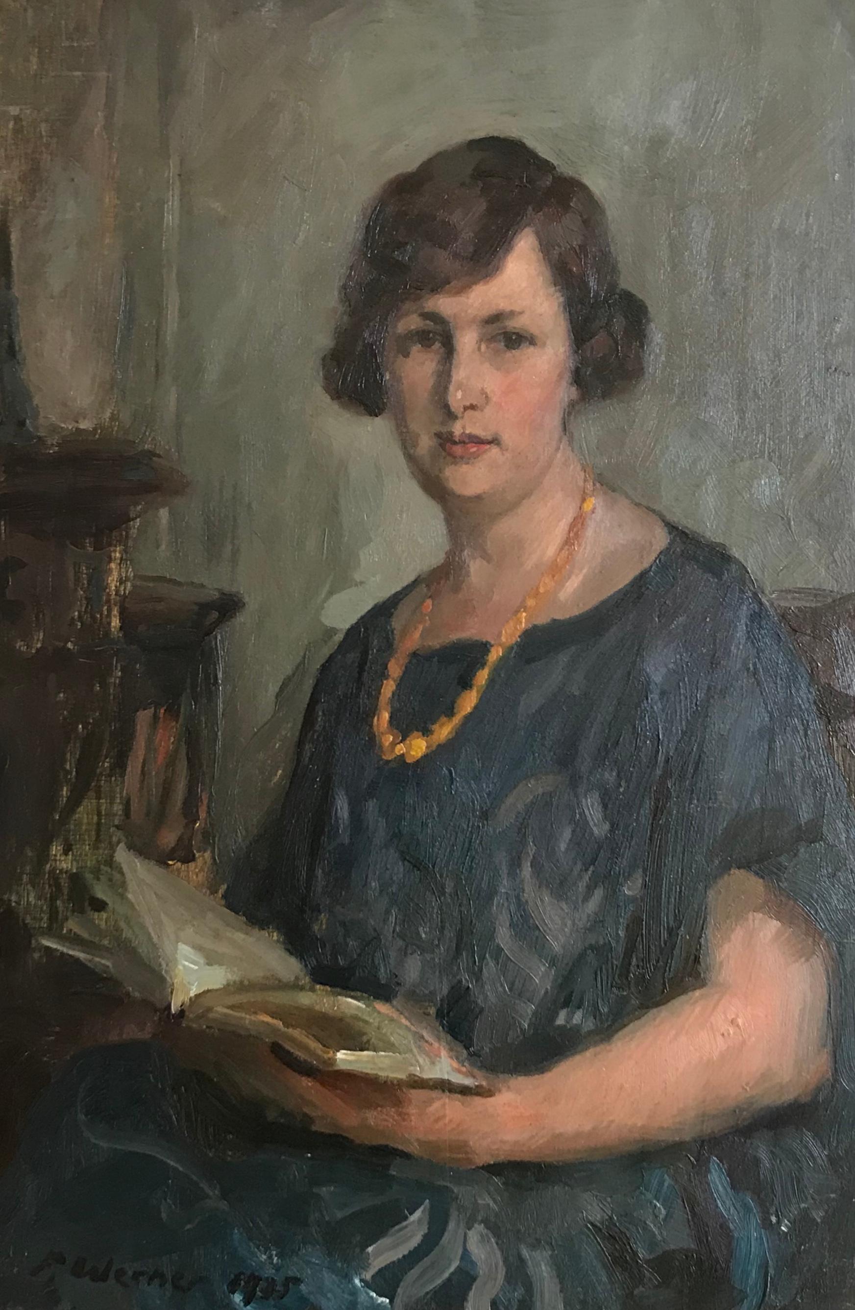 Frank A. Werner Portrait Painting - Portrait de femme au collier de perles - Portrait of woman with pearls necklace