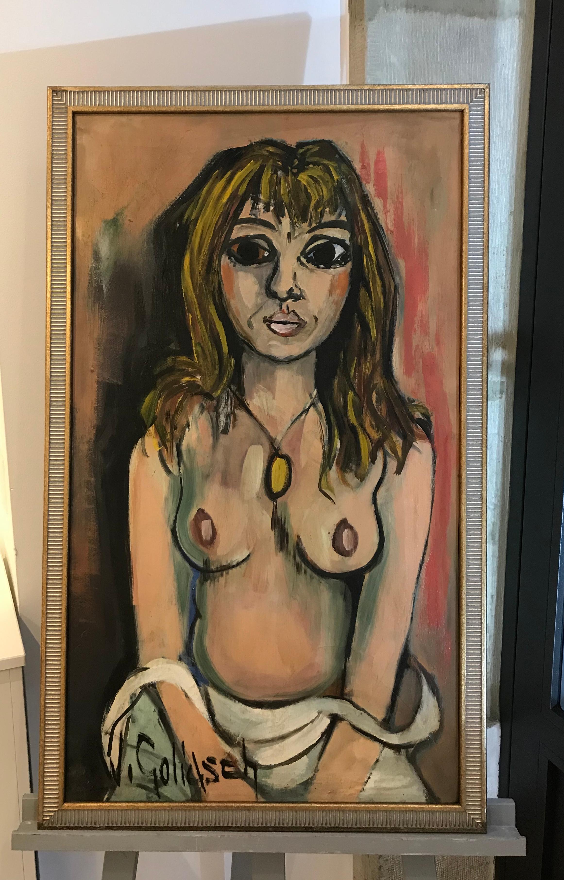 Nude with a yellow medallion by William GOLIASCH - Oil on canvas 46x81 cm - Painting by William Goliasch