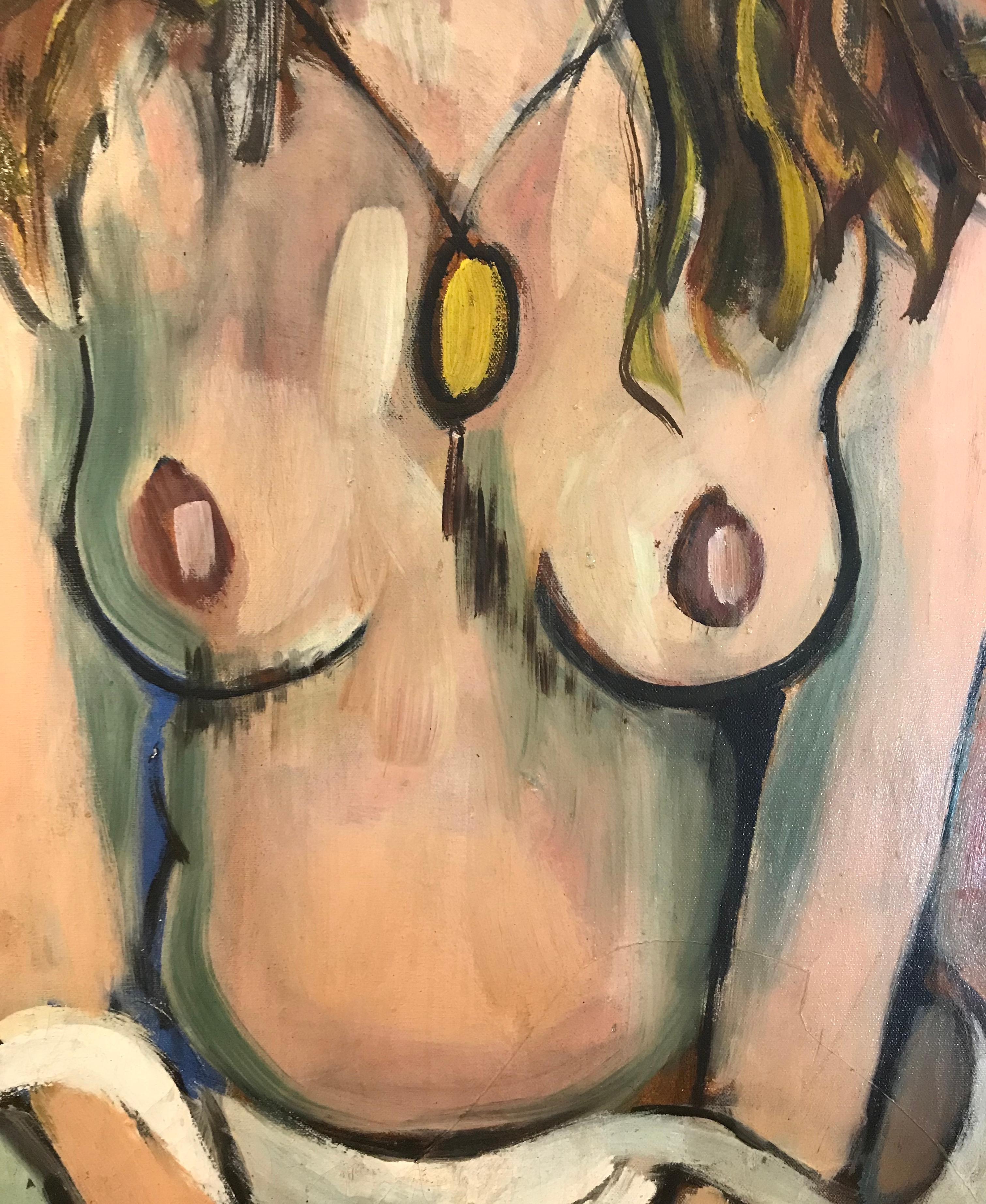 Nude with a yellow medallion by William GOLIASCH - Oil on canvas 46x81 cm - Yellow Nude Painting by William Goliasch