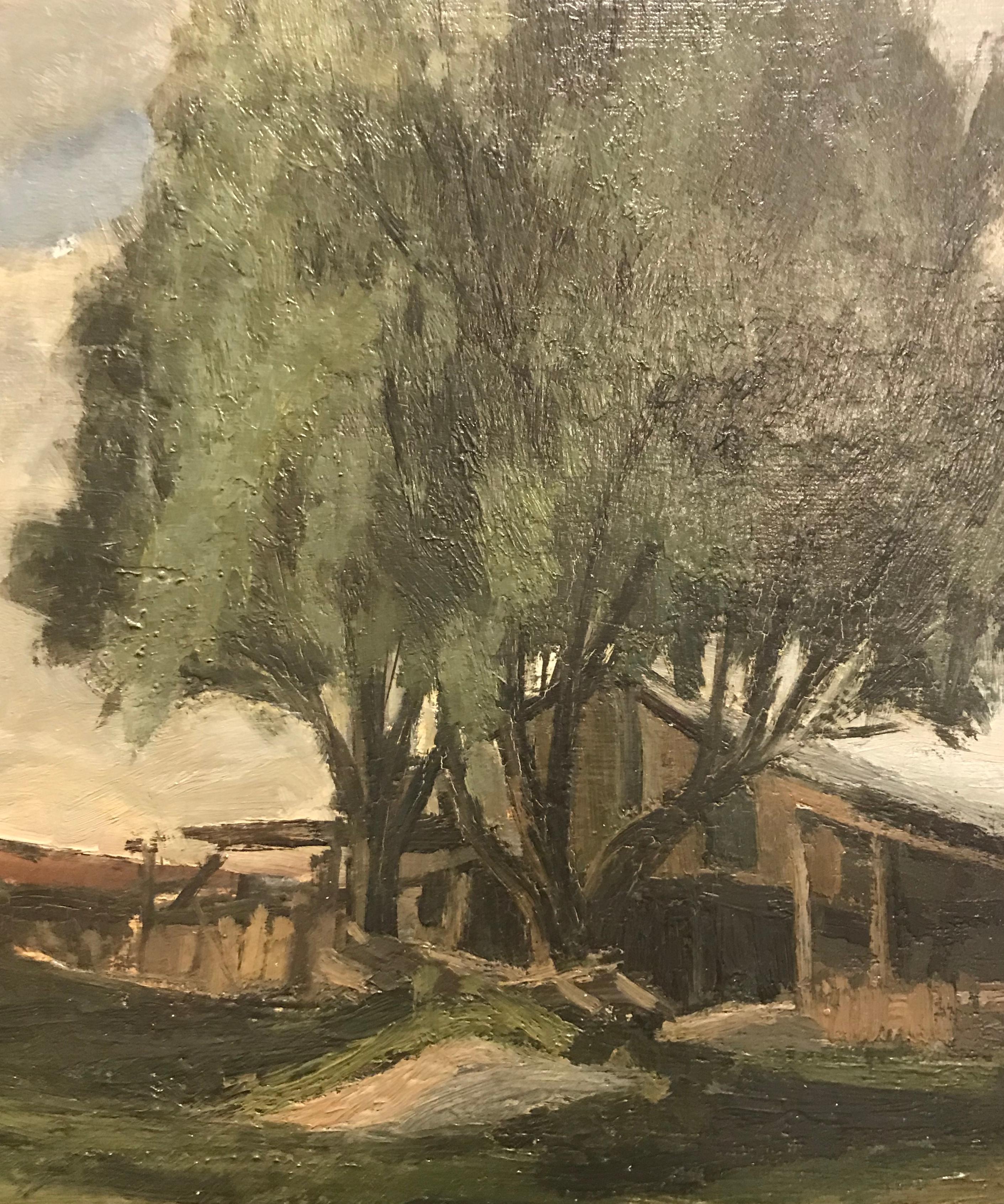 The tree in front of the barn - Black Landscape Painting by Marius Chambaz