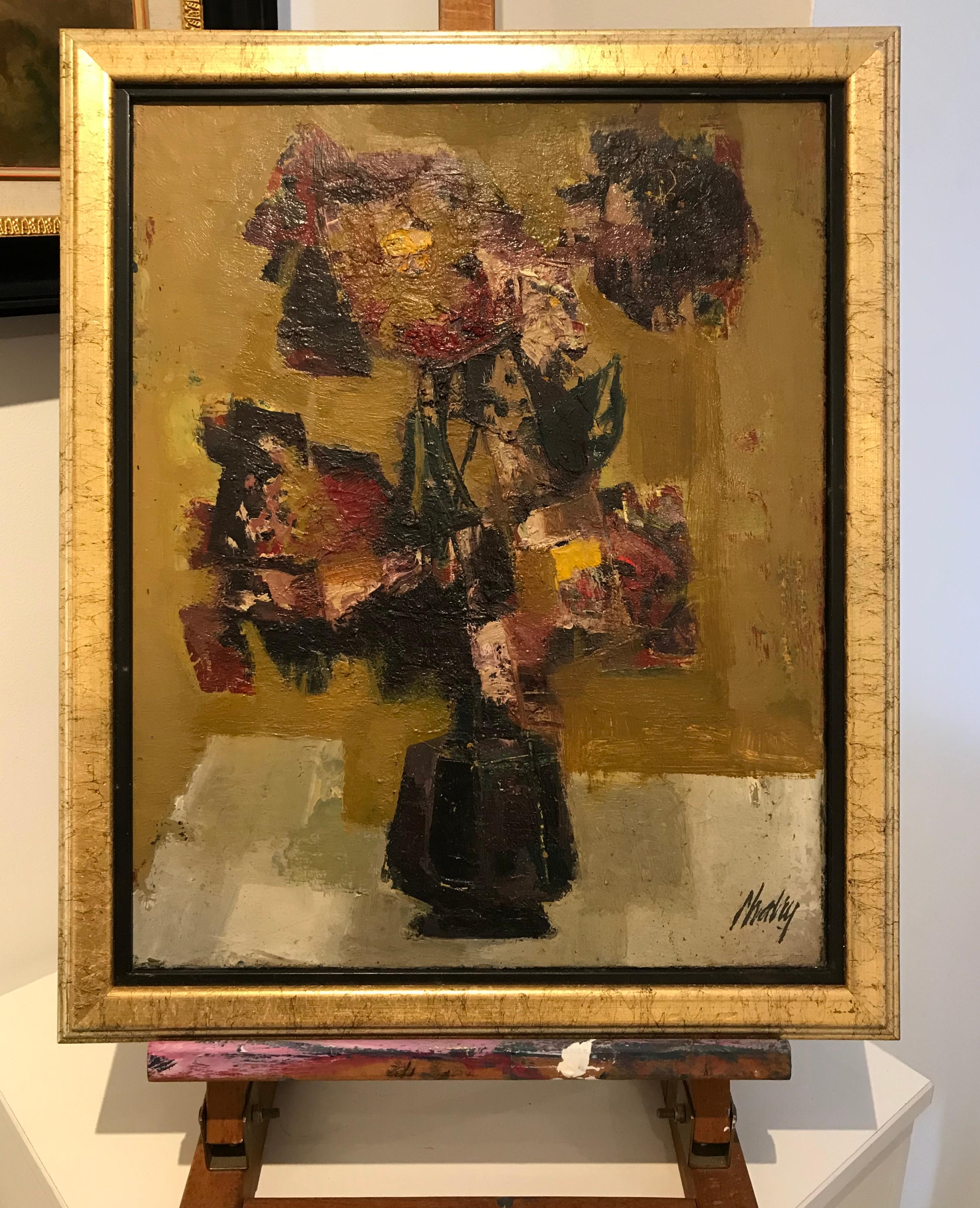 Bouquet of flowers in black vase - Painting by Frank Chabry