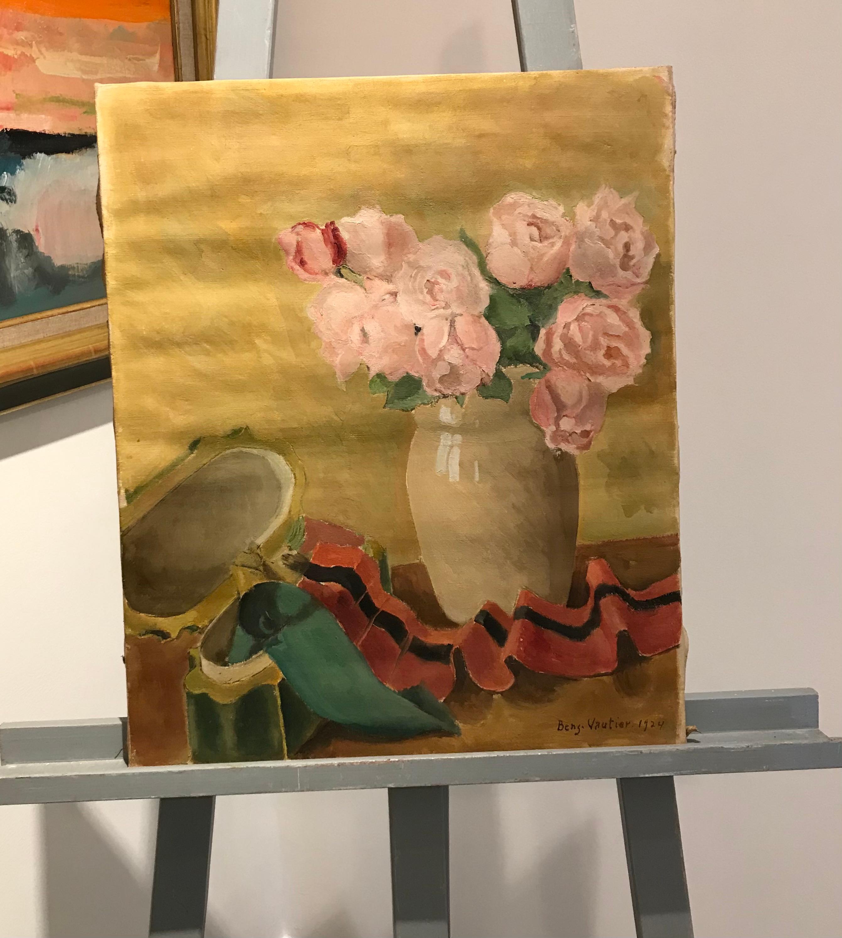 Bouquet of pink roses - Painting by Benjamin Vautier