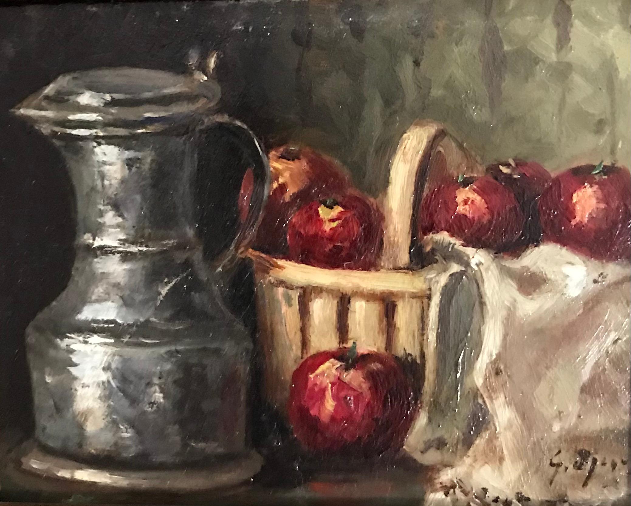Still life with apples and channe by Georges Djakeli - Oil on wood 9x11 cm