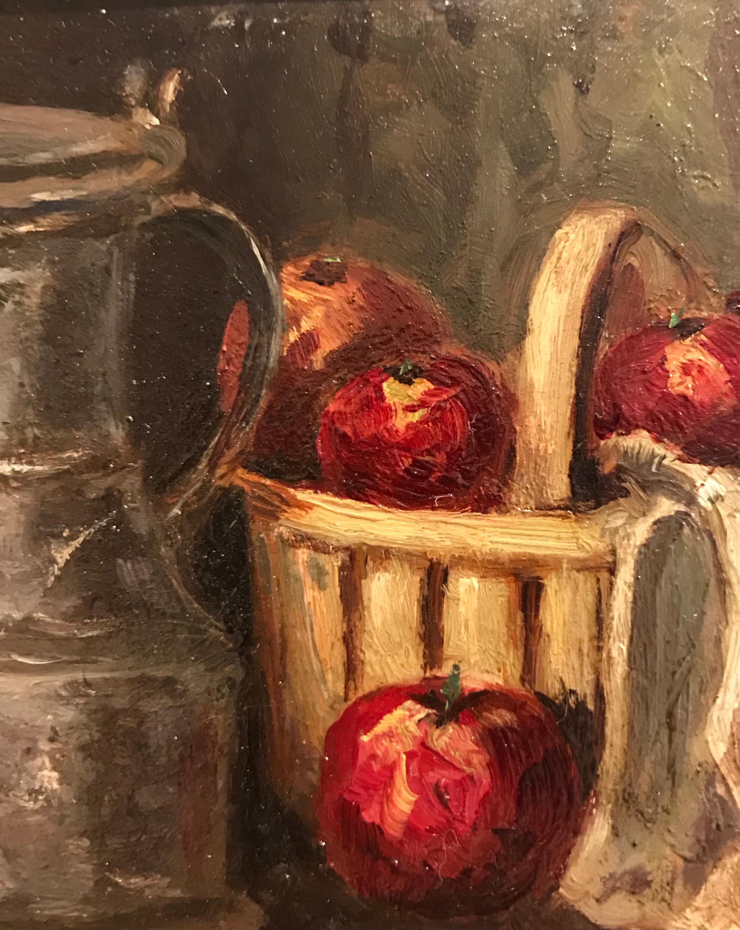 Still life with apples and channe by Georges Djakeli - Oil on wood 9x11 cm For Sale 1