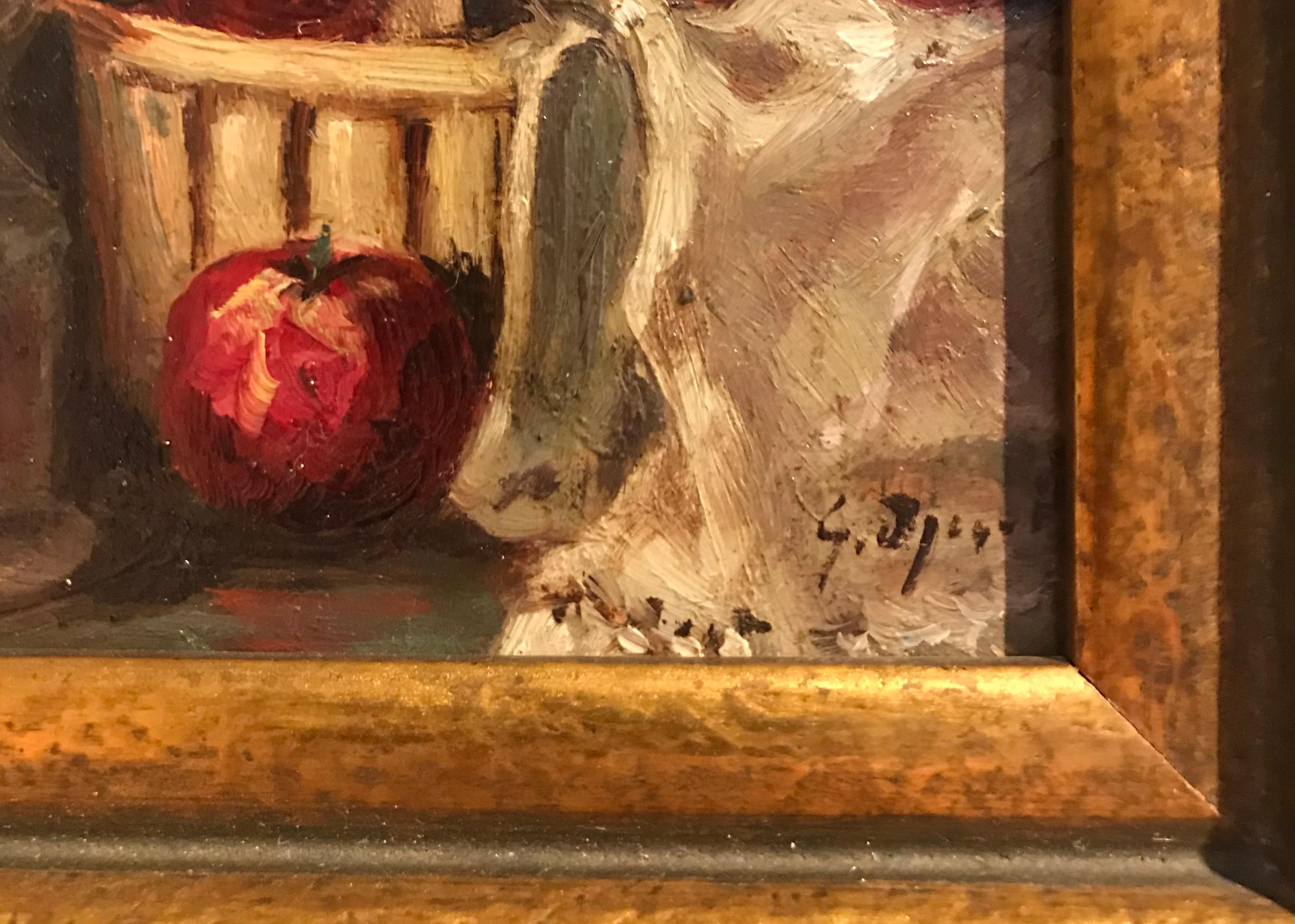 Nature morte aux pommes et à la channe par George Chann - Wood Wood 9x11 cm - Académique Painting par Georges Djakeli