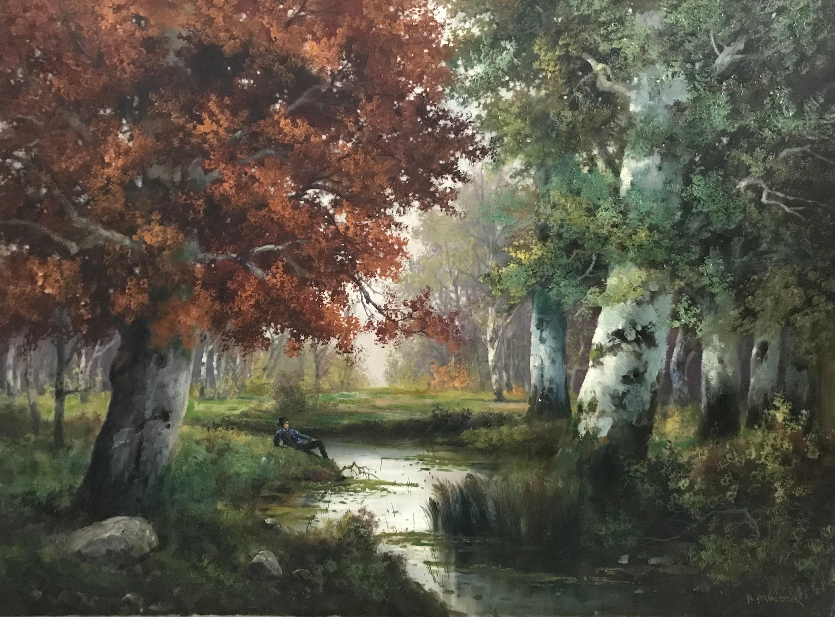 Alois Arnegger Landscape Painting - Repos dans le parc au bord de l'étang - Rest in the park by the pond