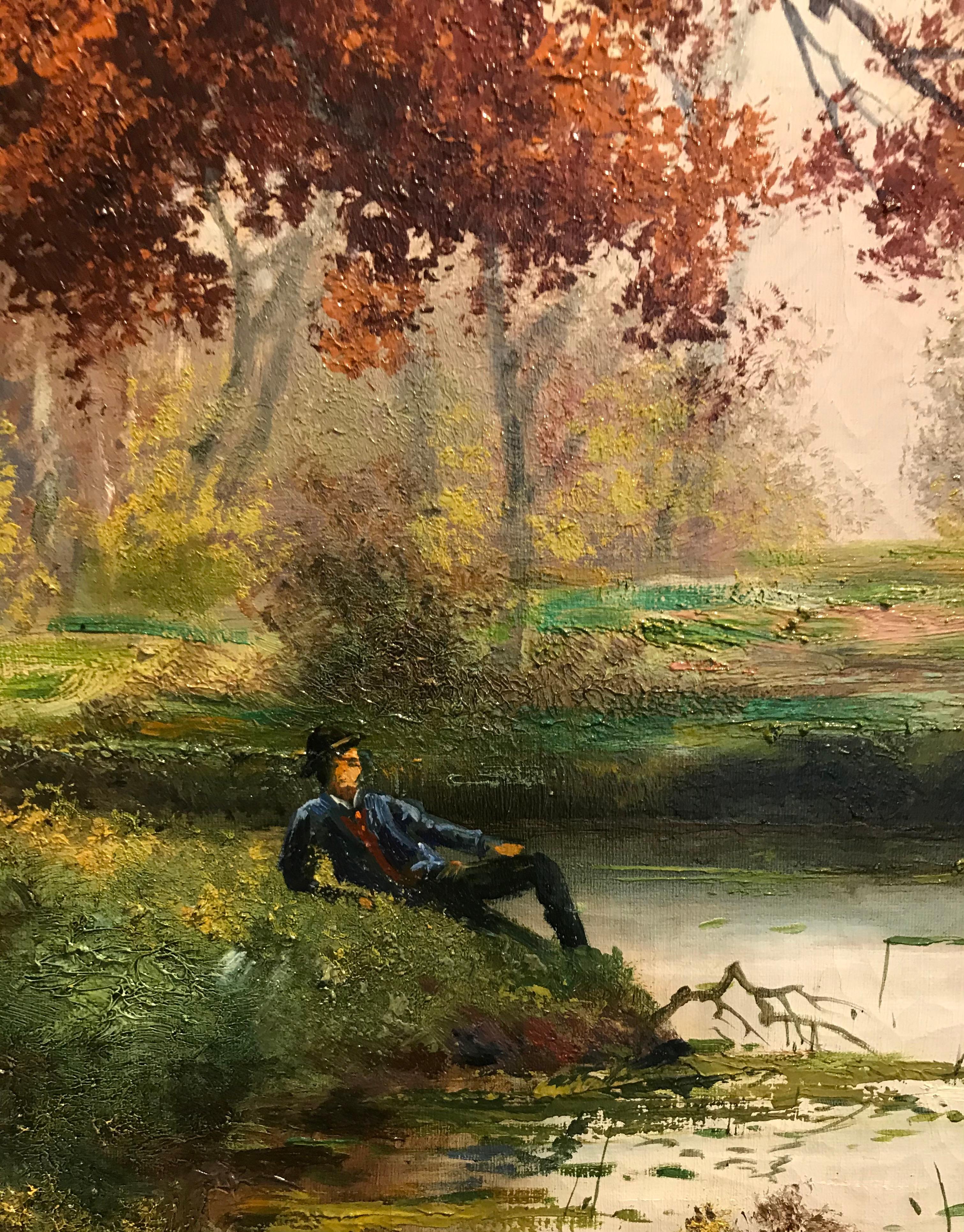 Repos dans le parc au bord de l'étang - Rest in the park by the pond - Pointillist Painting by Alois Arnegger