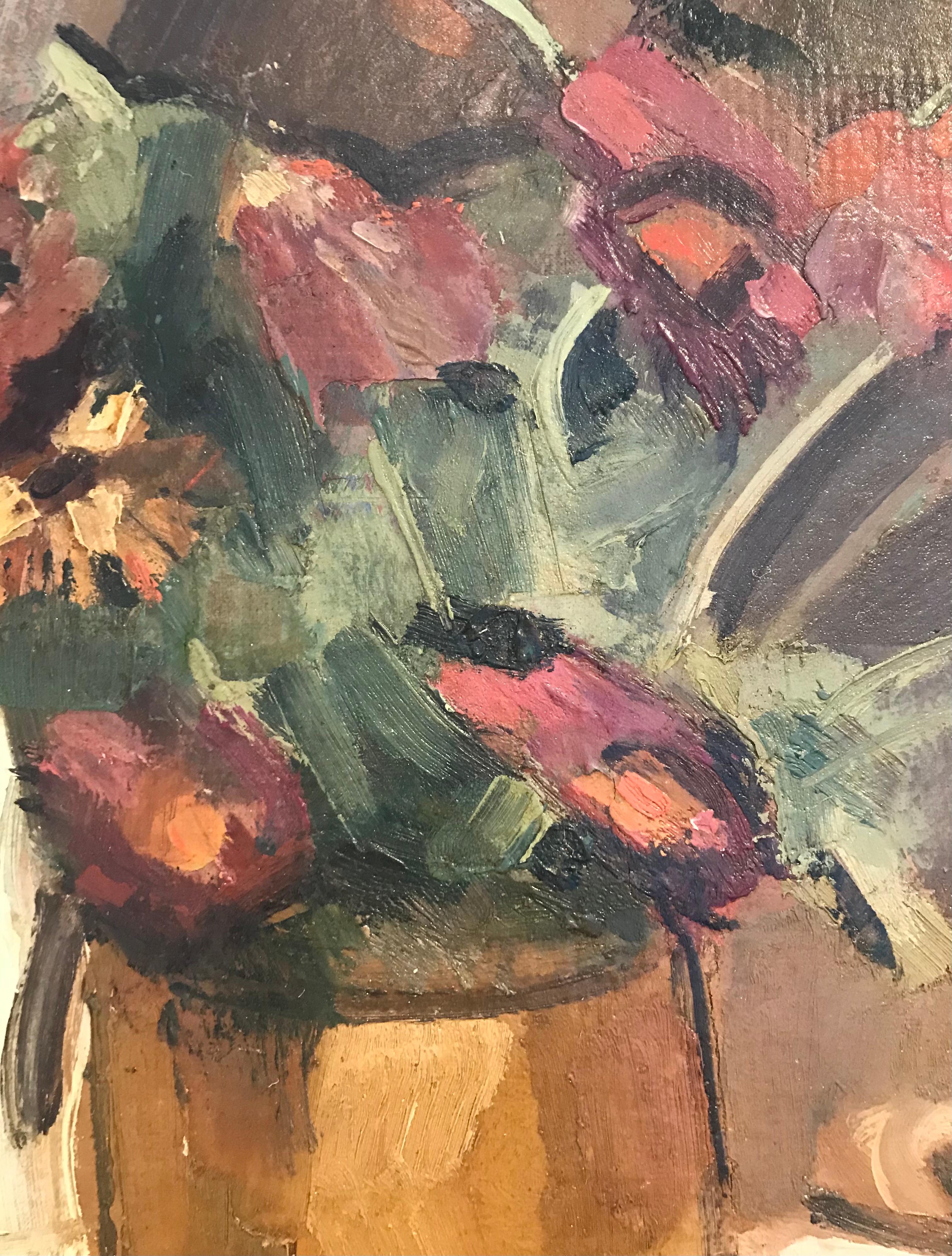 Bouquet in terracotta pot - Brown Still-Life Painting by René Guinand
