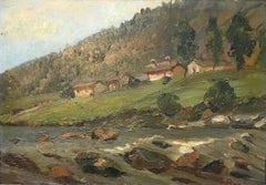 Antique "Valley by the river" by Giuseppe Bosio - Oil on wood