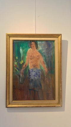 Femme en semi-nake en train de jardiner par Alexandre Rochat - Gouache