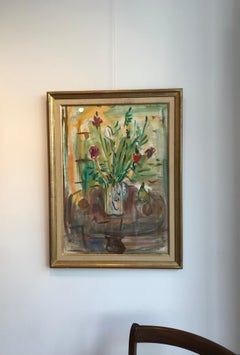 Bouquet en carafe et fruits d'Alexandre Rochat - Gouache sur papier 53x74 cm