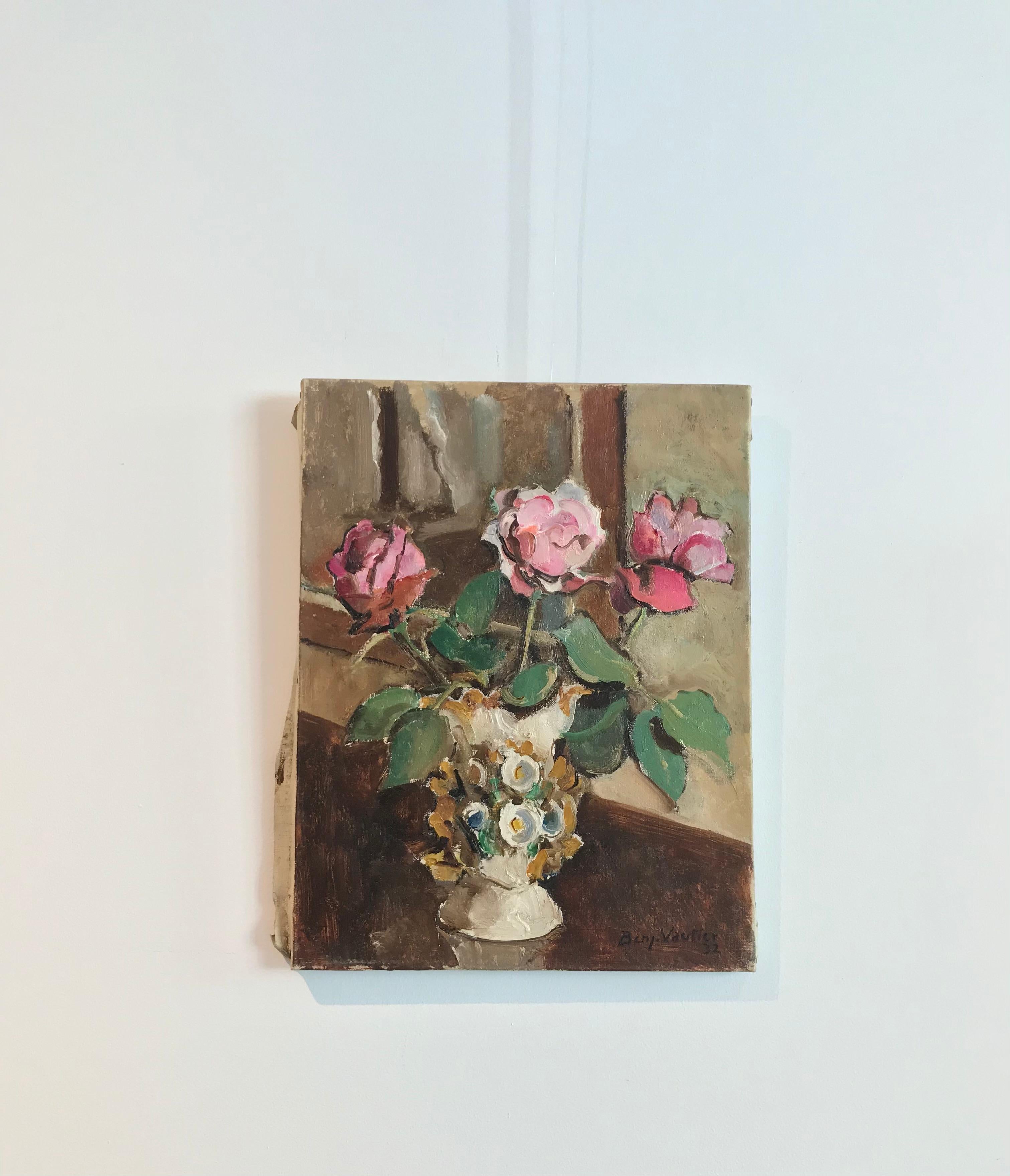 Three roses - Painting by Benjamin II Vautier