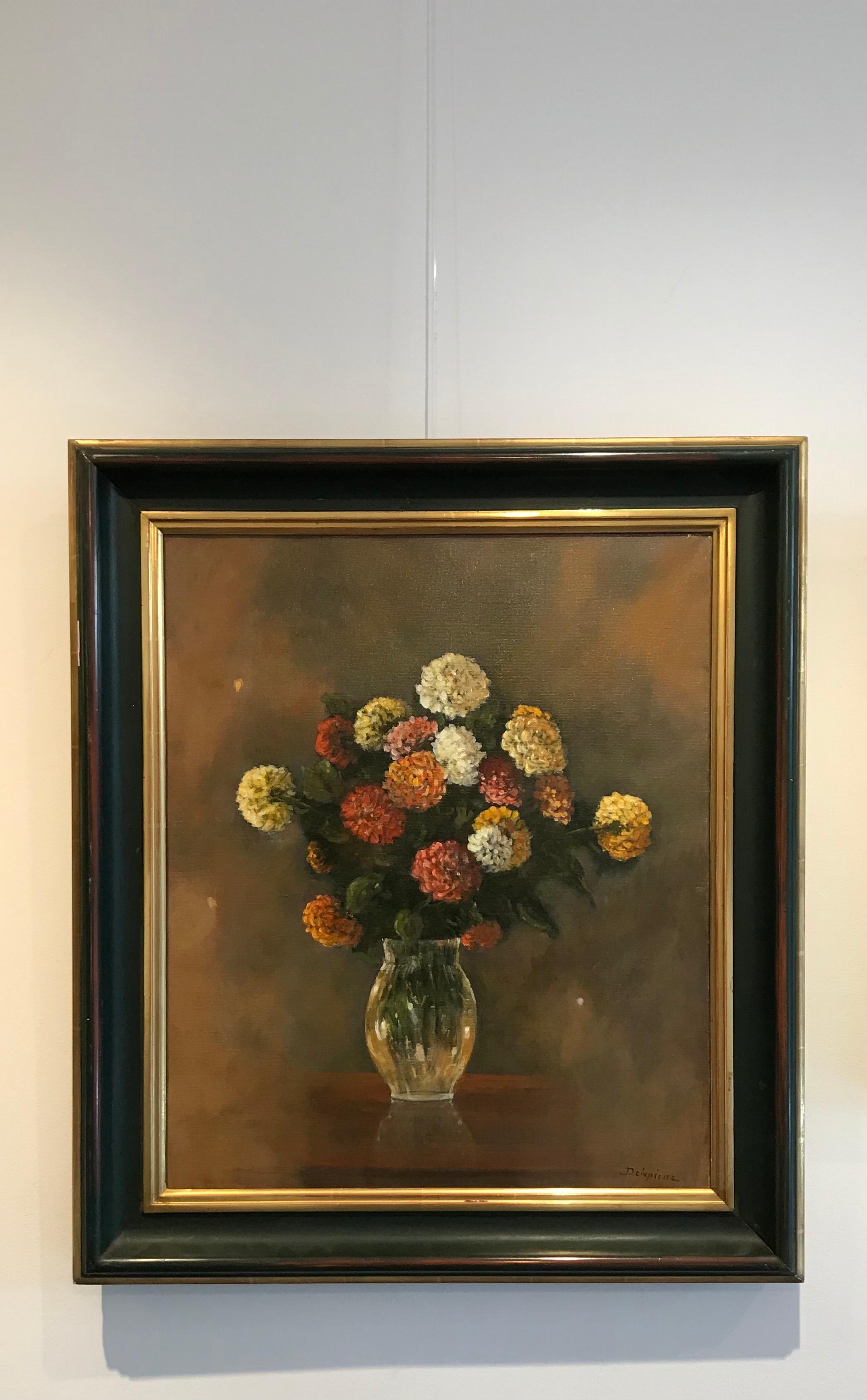 Huile sur toile Dahlias de Roger Delapierre, 46 x55 cm en vente 1