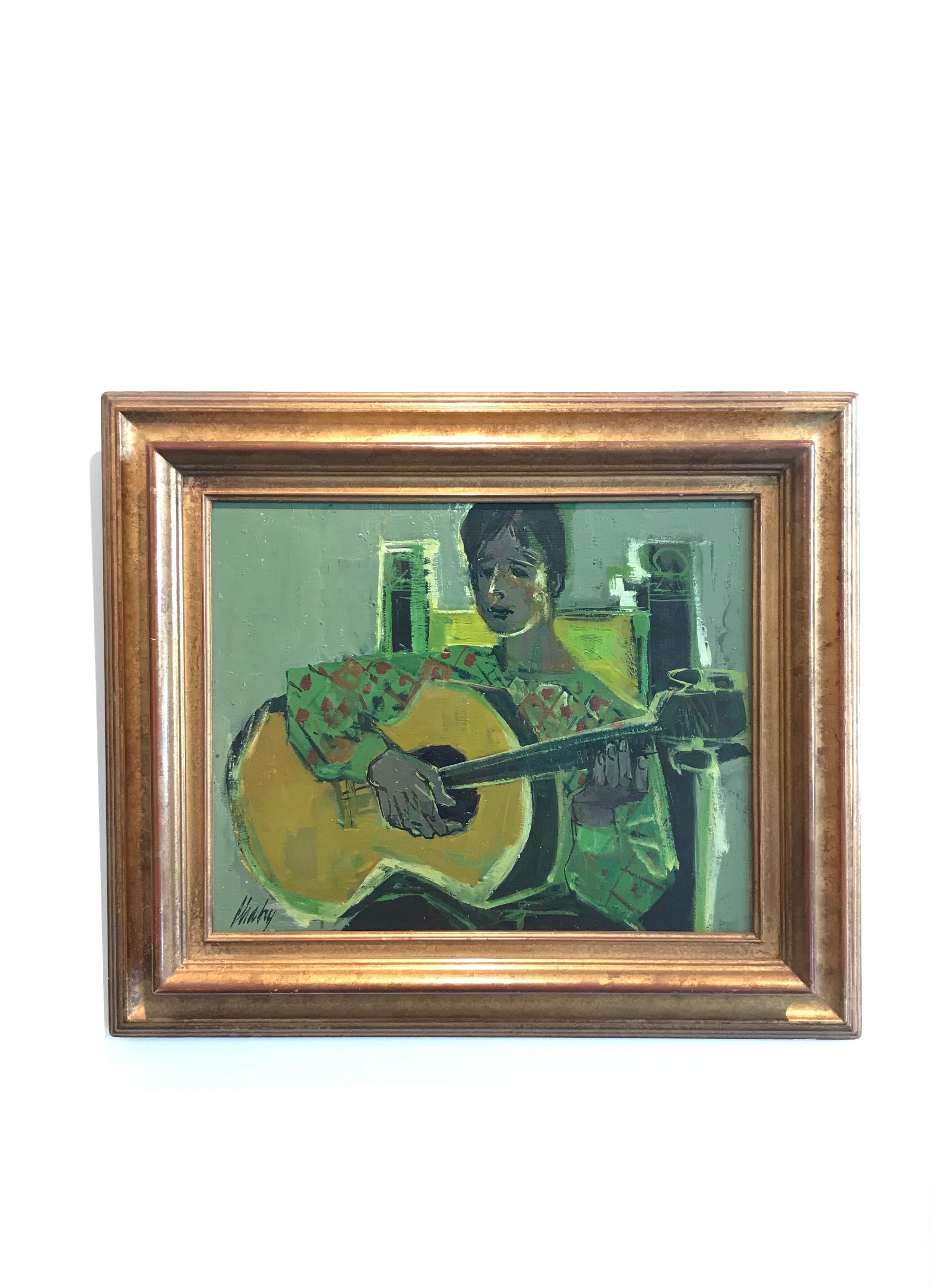 Young woman with guitar - Painting by Frank Chabry