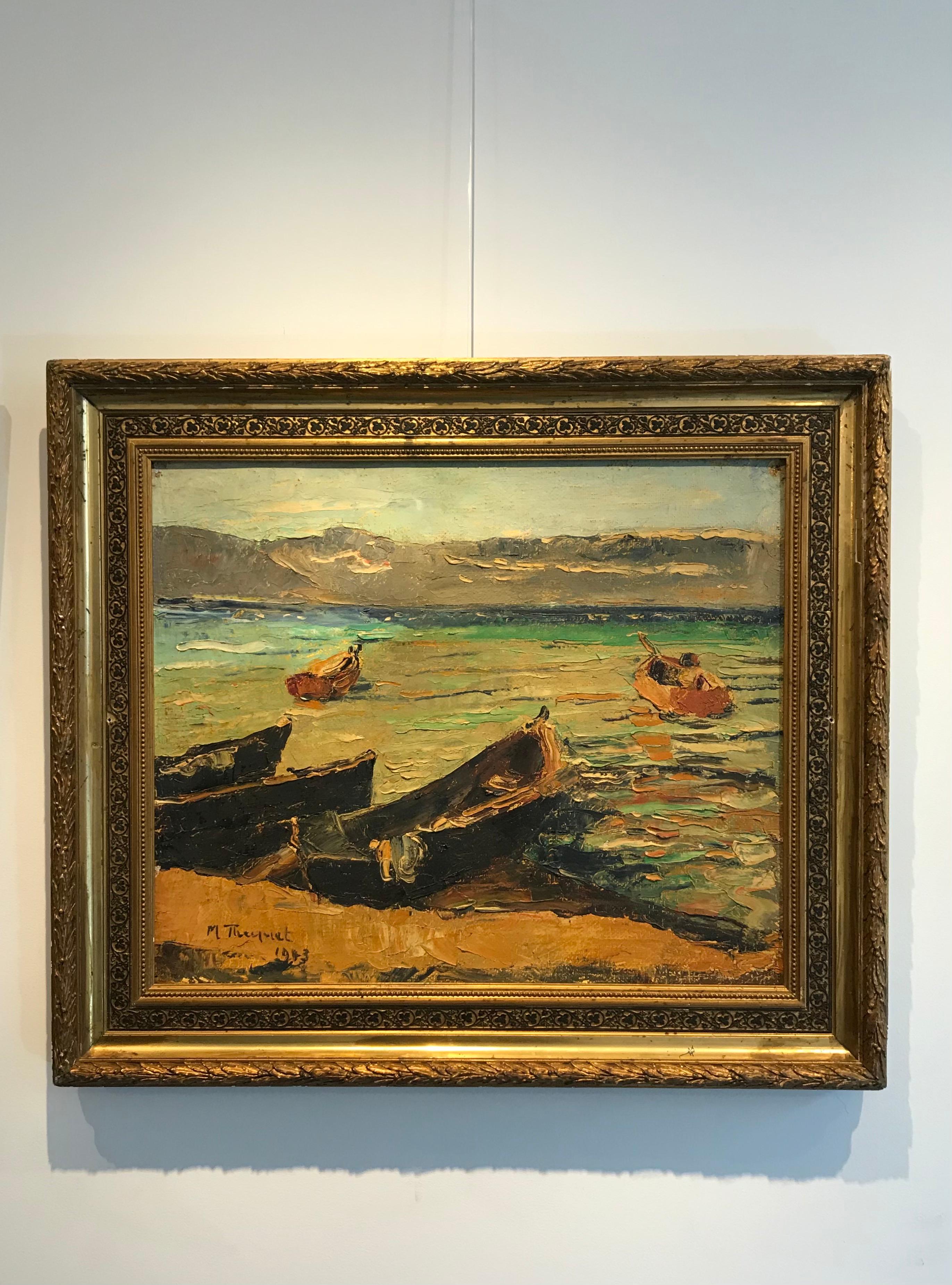 Boats on Lake Neuchâtel, Switzerland - Painting by Max Theynet