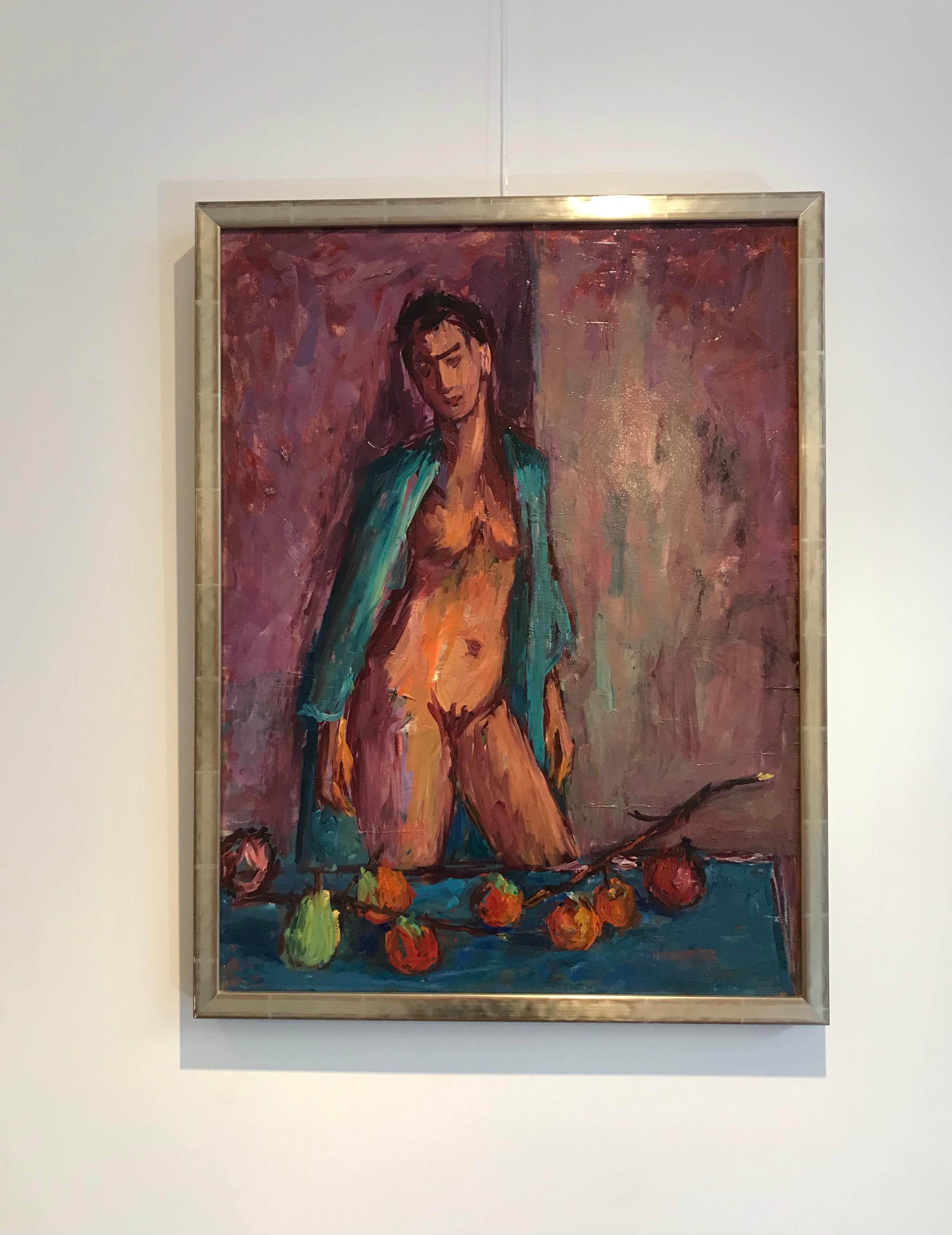 Nude with persimmons - Painting by Gérald Comtesse