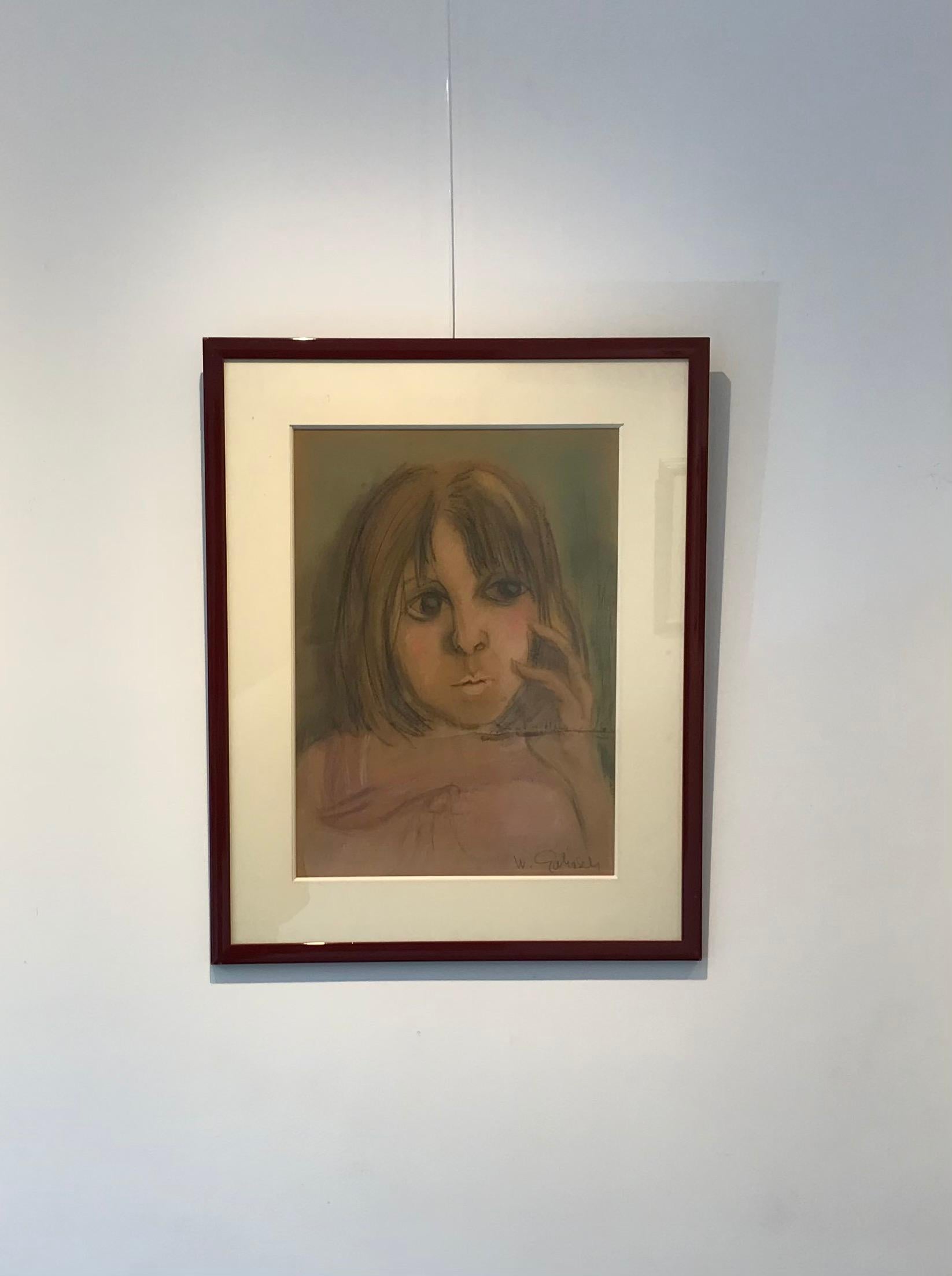 Pensive young woman by William Goliasch - Pastel on paper For Sale 1