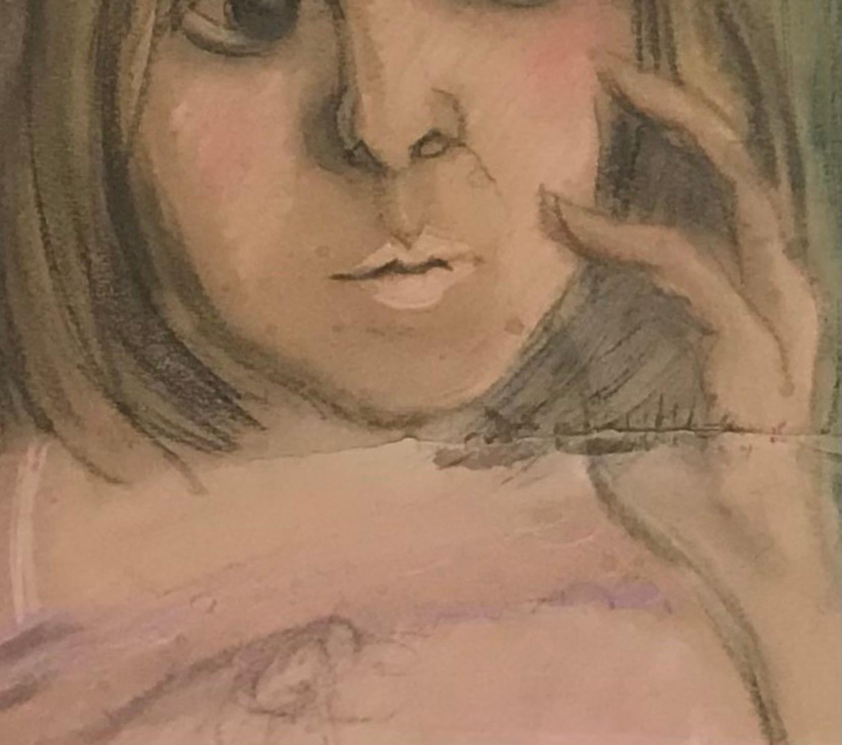 Pensive young woman by William Goliasch - Pastel on paper For Sale 2