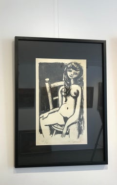 "Young woman posing nude sitting" by William Goliasch - lithograph