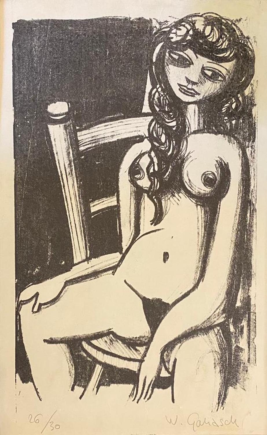 "Young woman posing nude sitting" by William Goliasch - lithograph