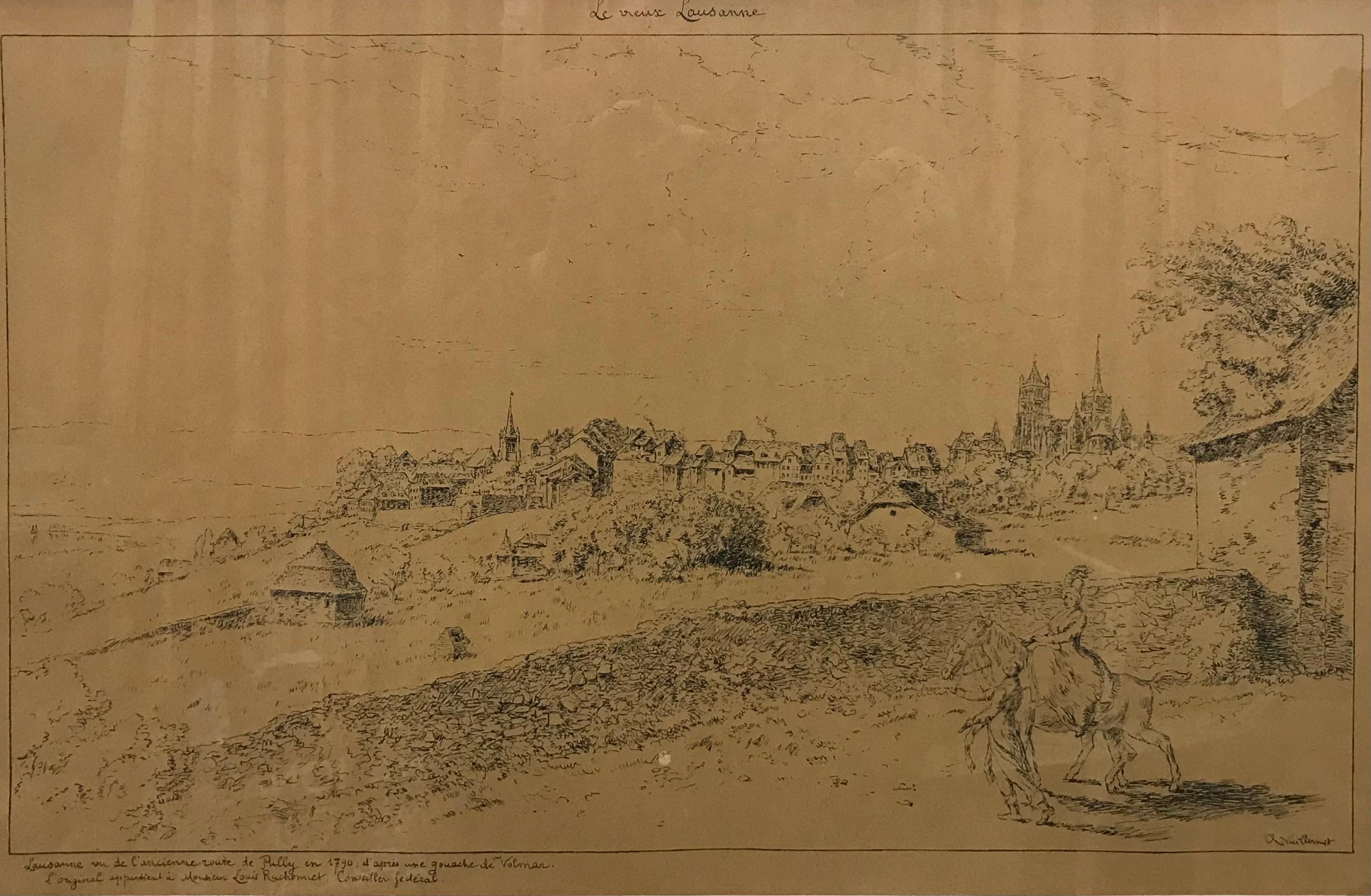 Charles François Villermet Landscape Art - View of old Lausanne by Ch. François Villermet - Work on paper 31x48 cm