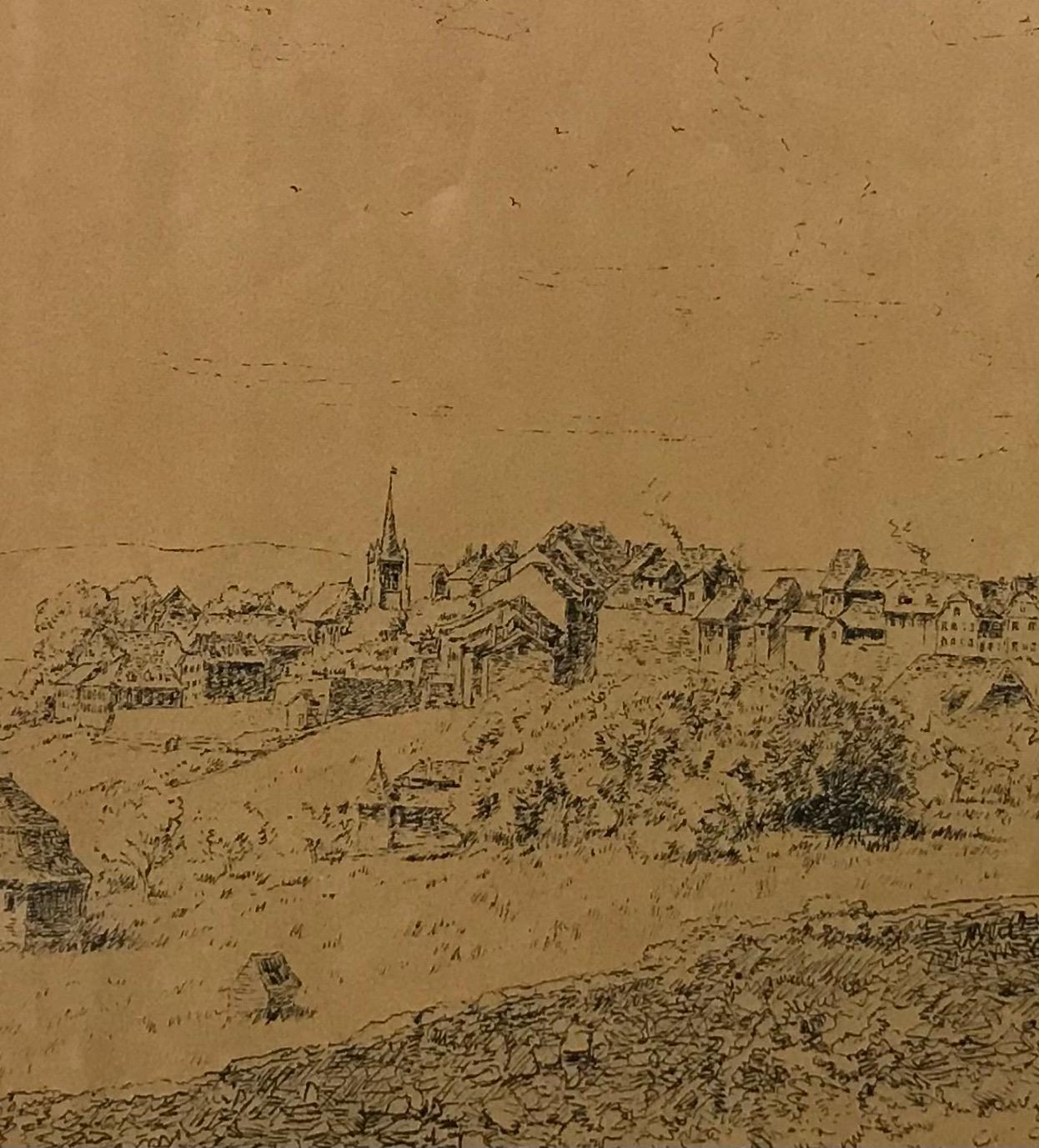 View of old Lausanne by Ch. François Villermet - Work on paper 31x48 cm - Academic Art by Charles François Villermet