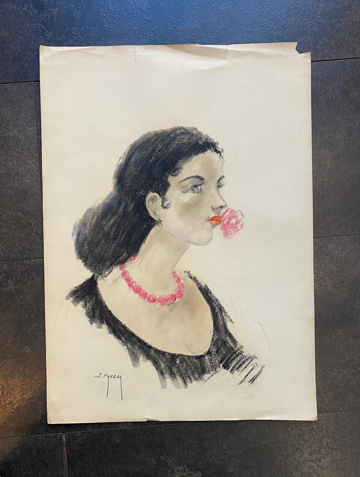 La rosa di Jose Parera - Pastello a olio su carta 50x70 cm in vendita 1