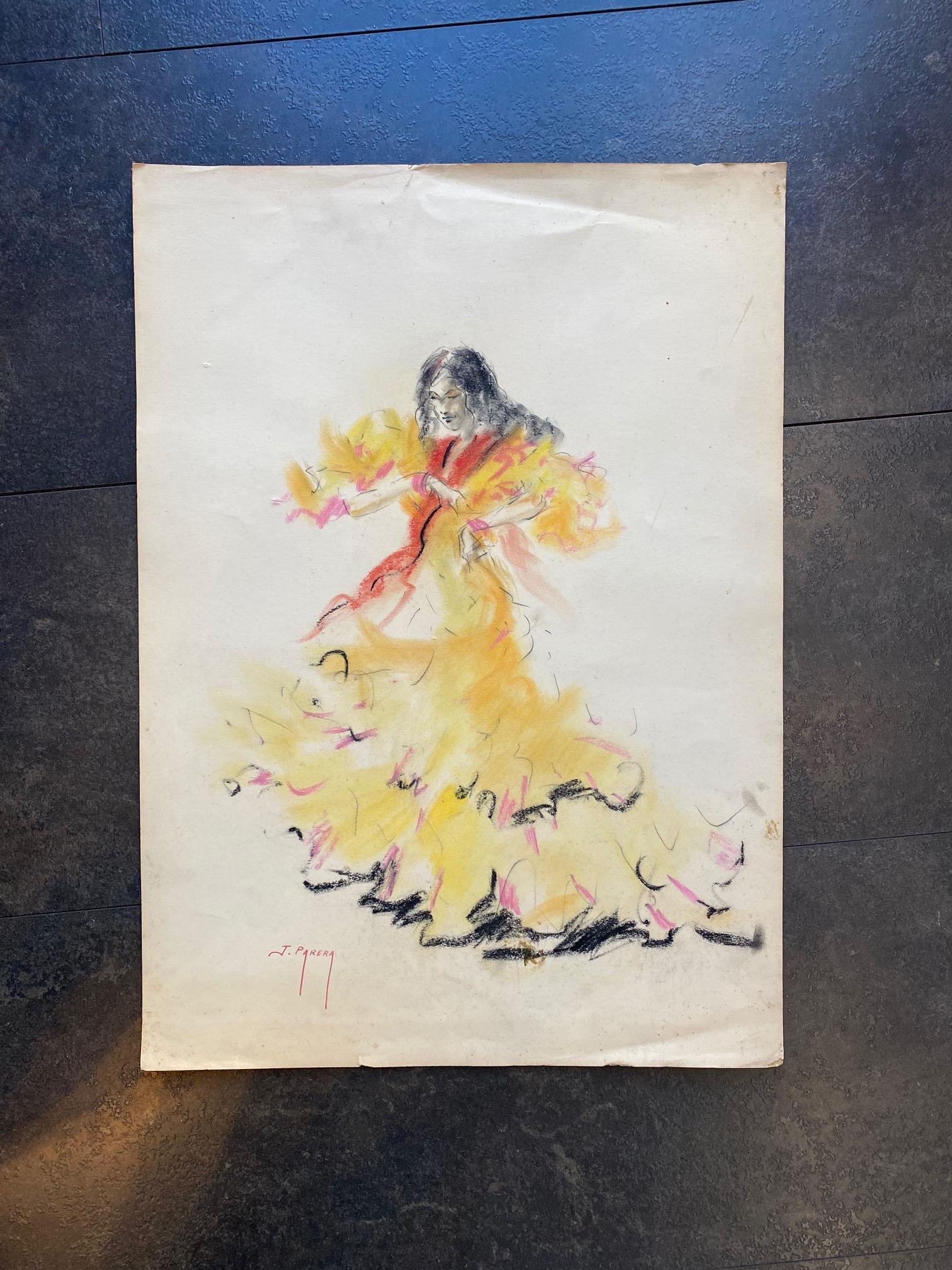 Danseur flamenco de Jose Parera - pastel à l'huile sur papier 50x70 cm en vente 1