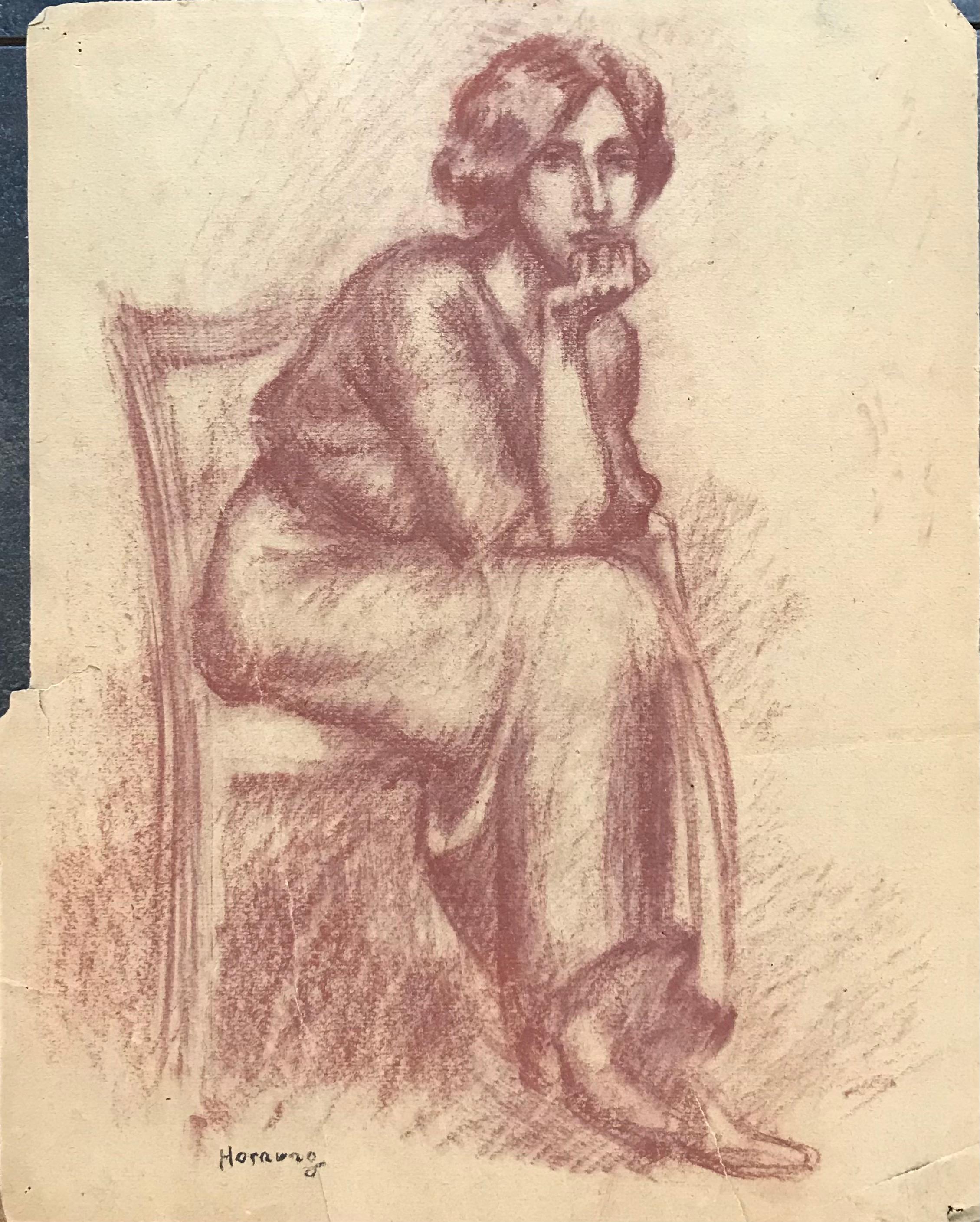 Charles Émile Hornung Figurative Art - Pensive young woman by Emile Hornung - Pastel on paper 37x29 cm