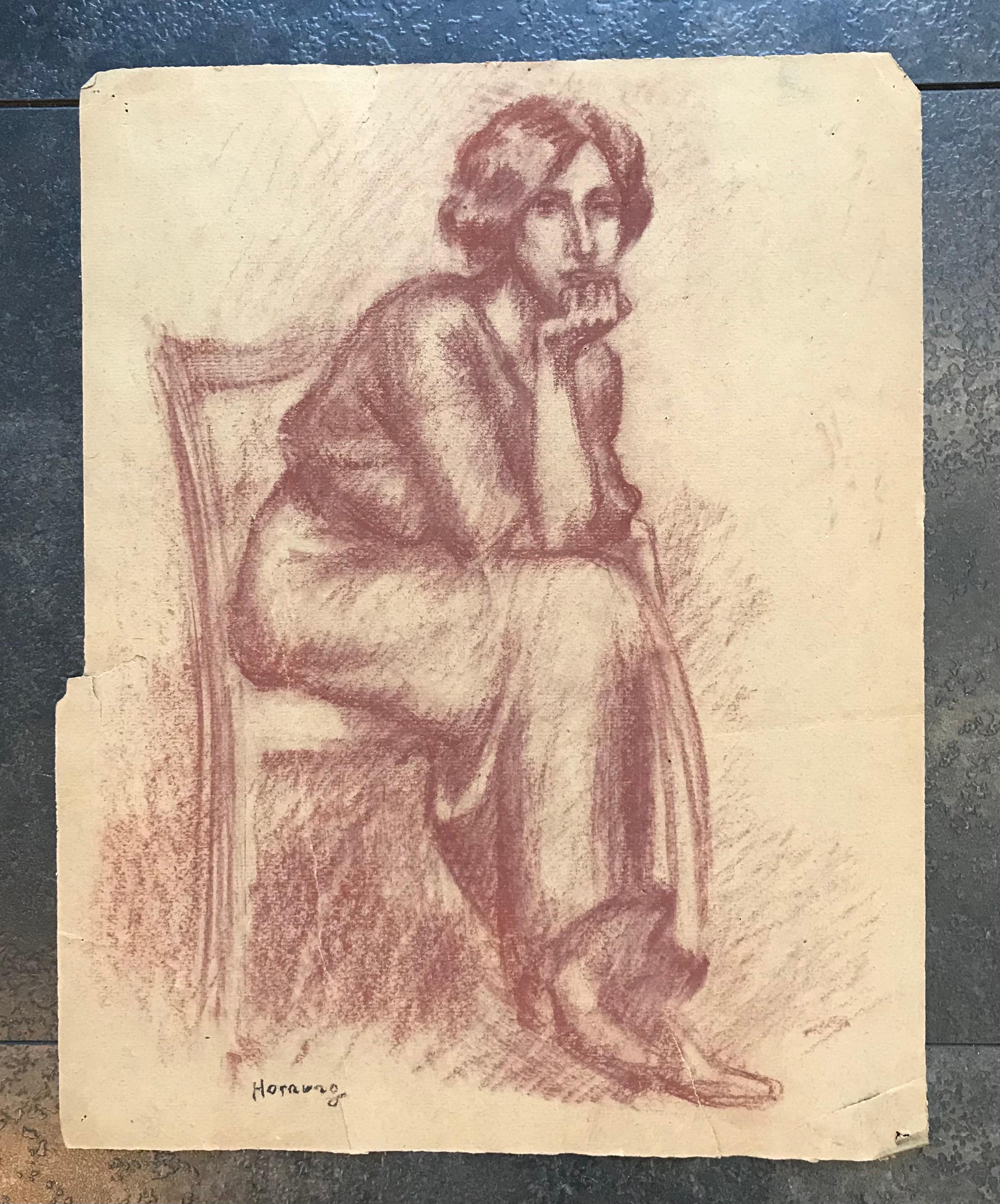 Pensive young woman by Emile Hornung - Pastel on paper 37x29 cm - Art by Charles Émile Hornung