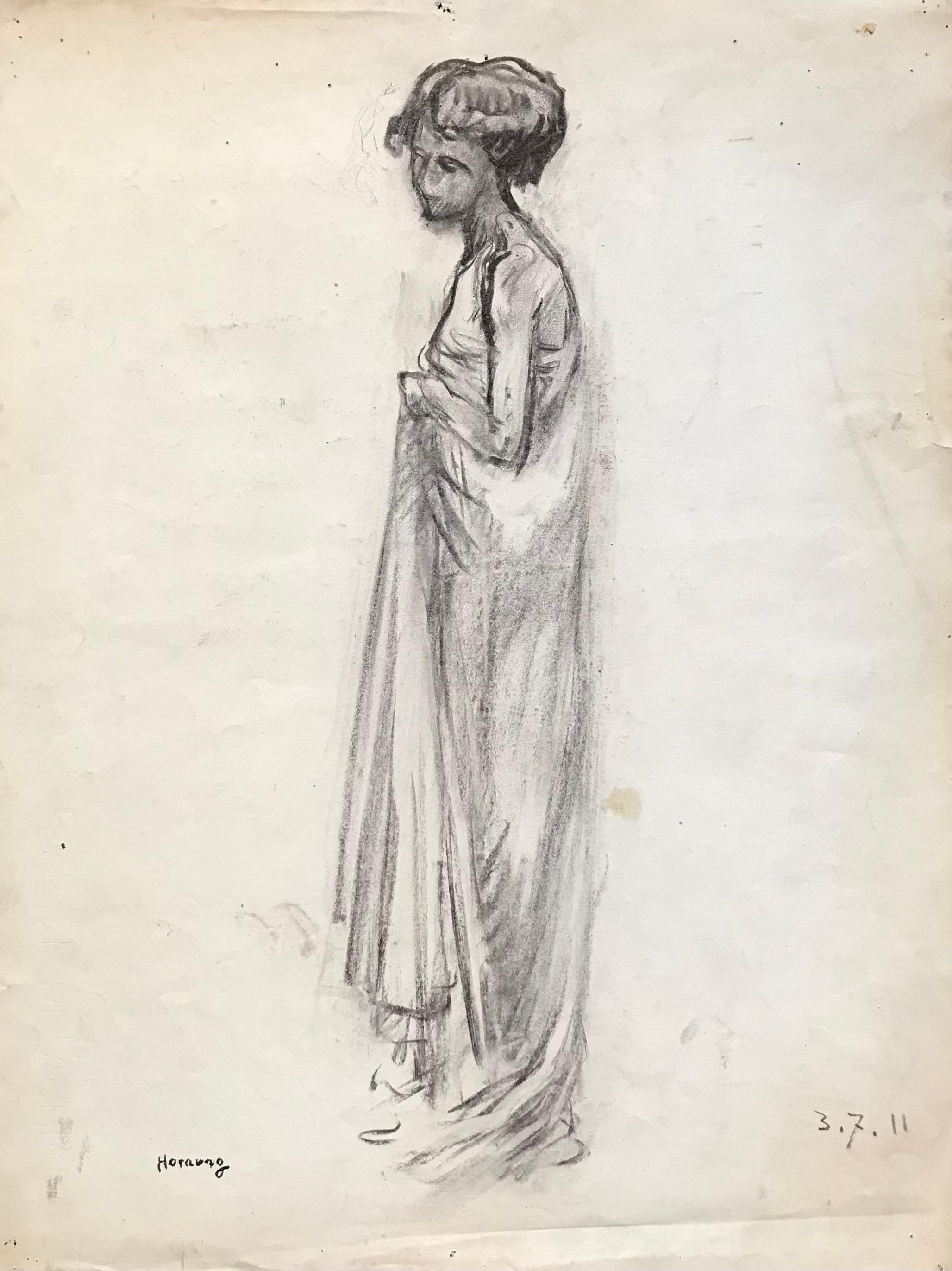 "Young woman in evening dress" by Emile Hornung - Drawing 43x57 cm