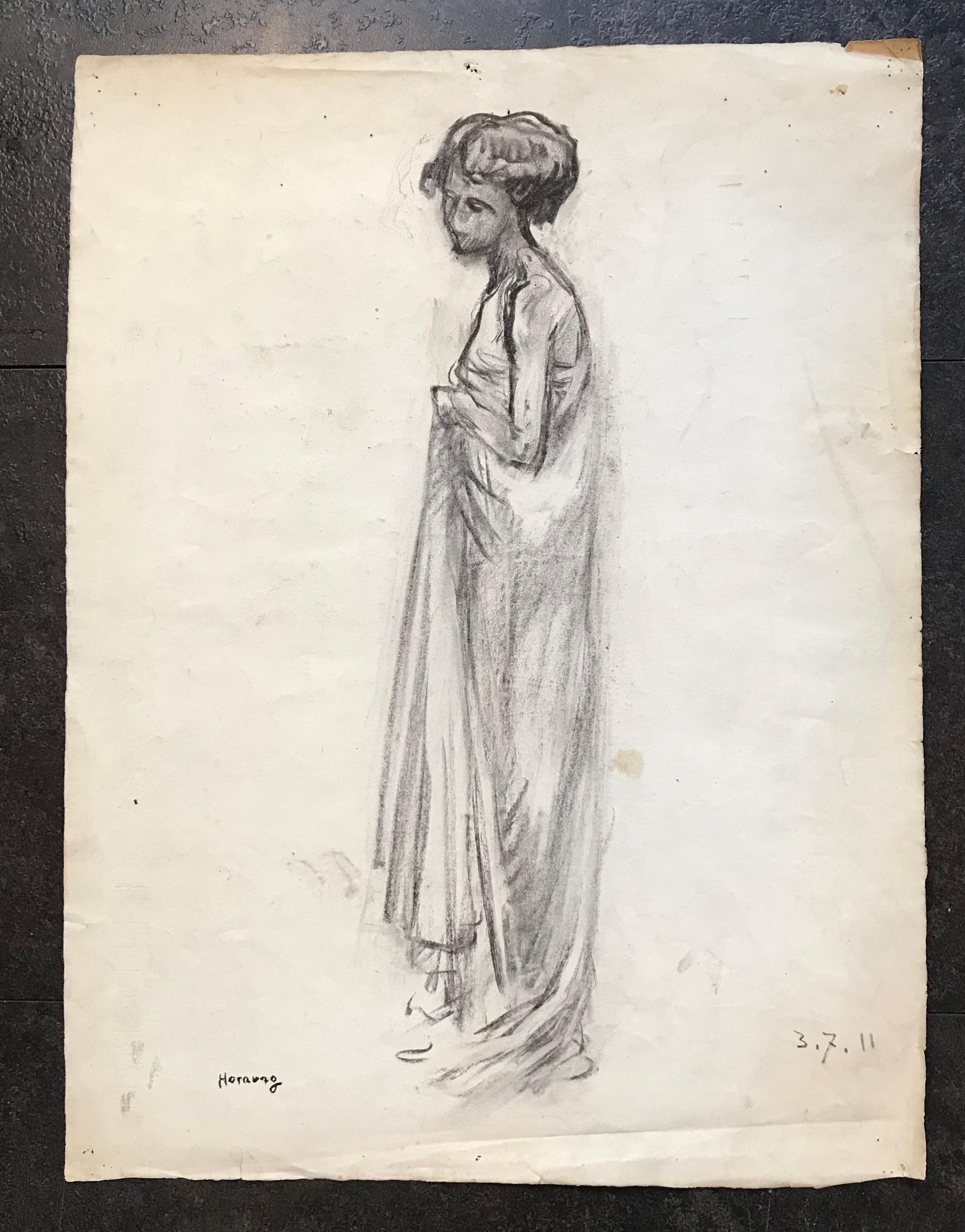 „ Junge Frau in Abendkleid“ von Emile Hornung – Zeichnung 43x57 cm – Art von Charles Émile Hornung