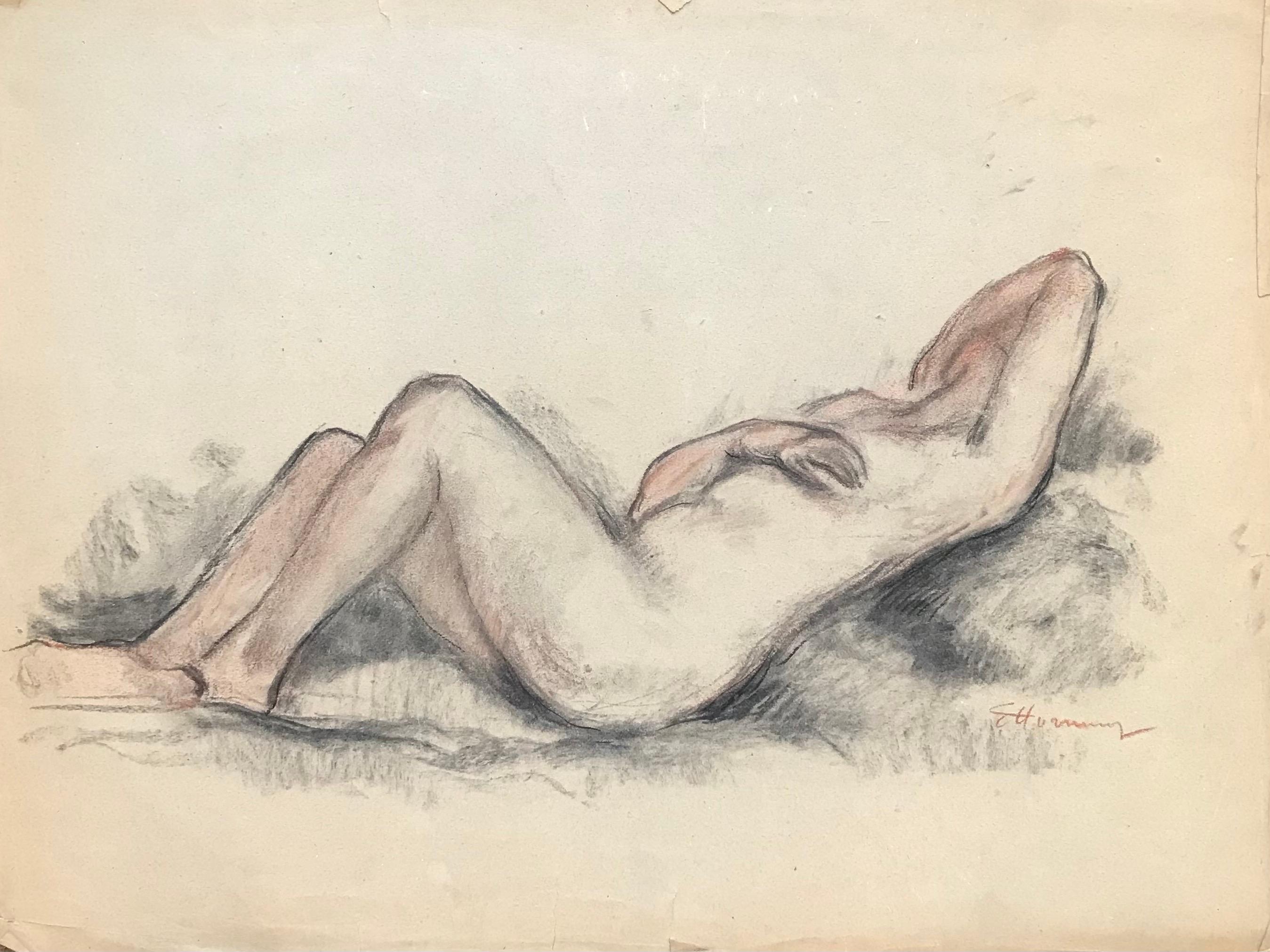 « Lying naked woman » par Emile Hornung - Pastel sur papier 65x49 cm - Académique Art par Charles Émile Hornung