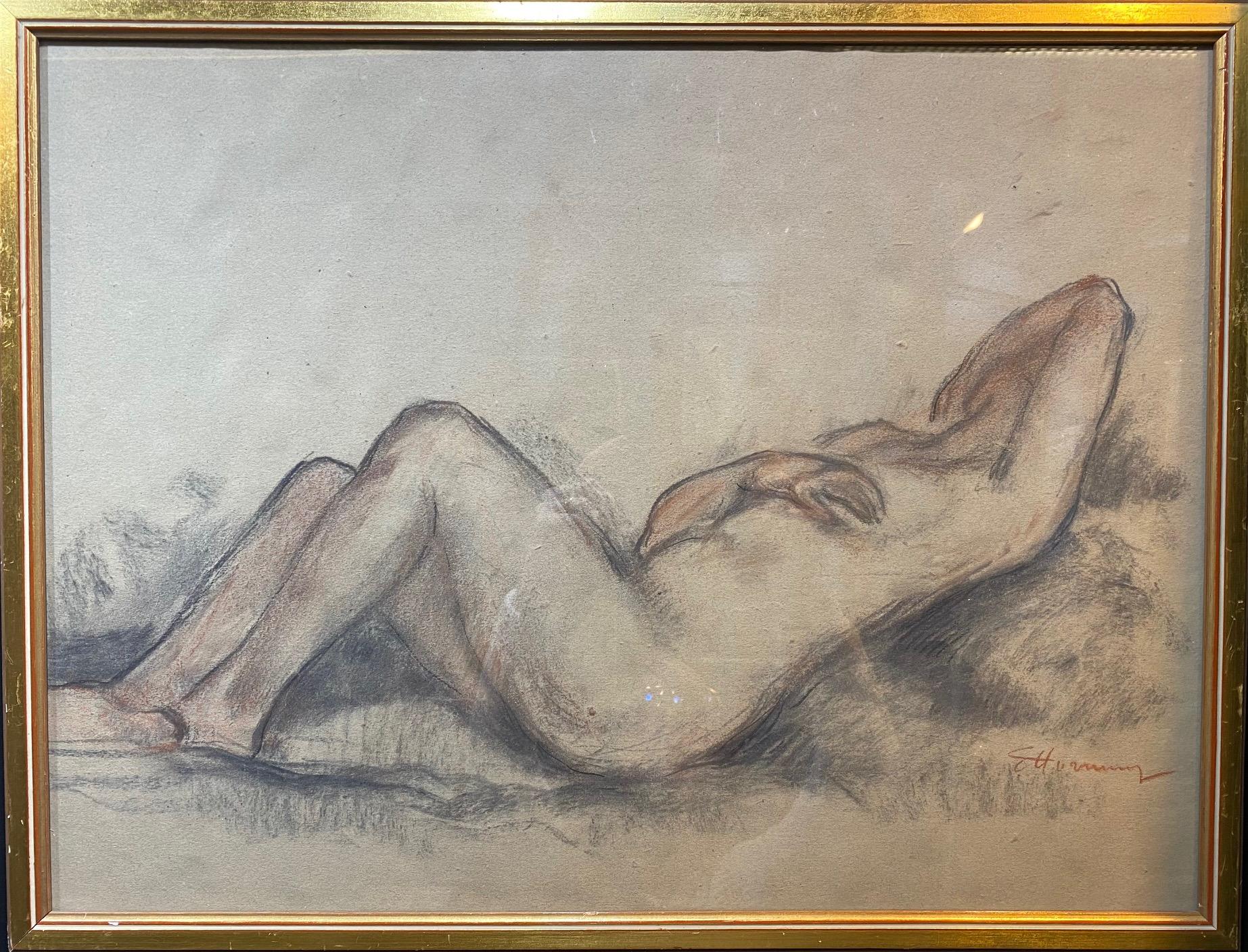 Nude Charles Émile Hornung - « Lying naked woman » par Emile Hornung - Pastel sur papier 65x49 cm