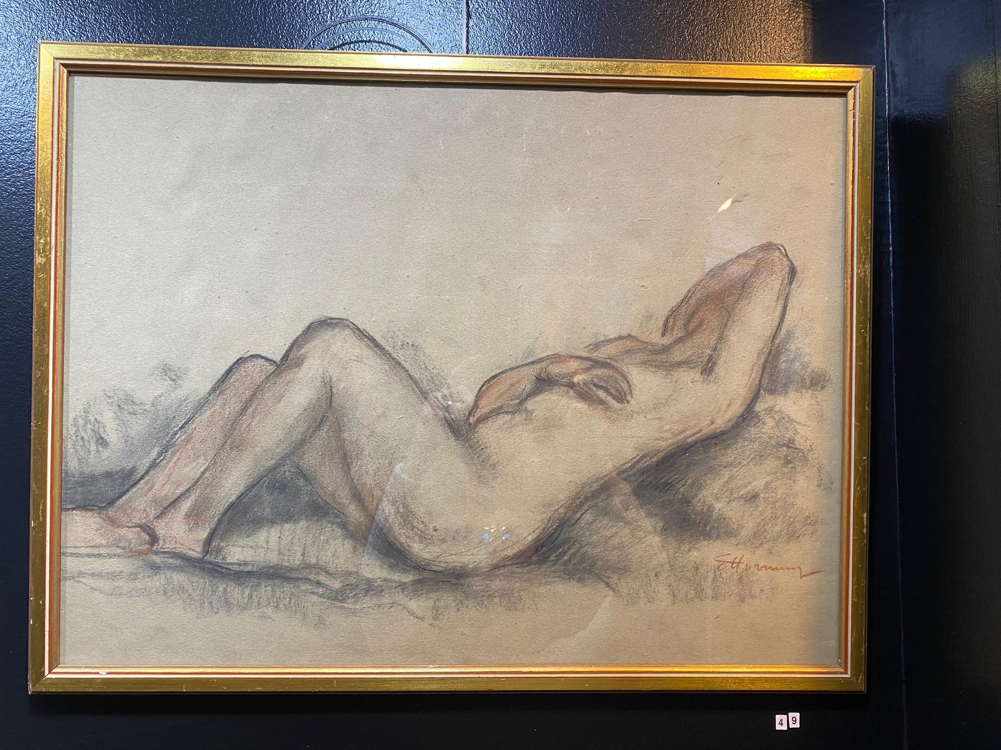 « Lying naked woman » par Emile Hornung - Pastel sur papier 65x49 cm - Art de Charles Émile Hornung