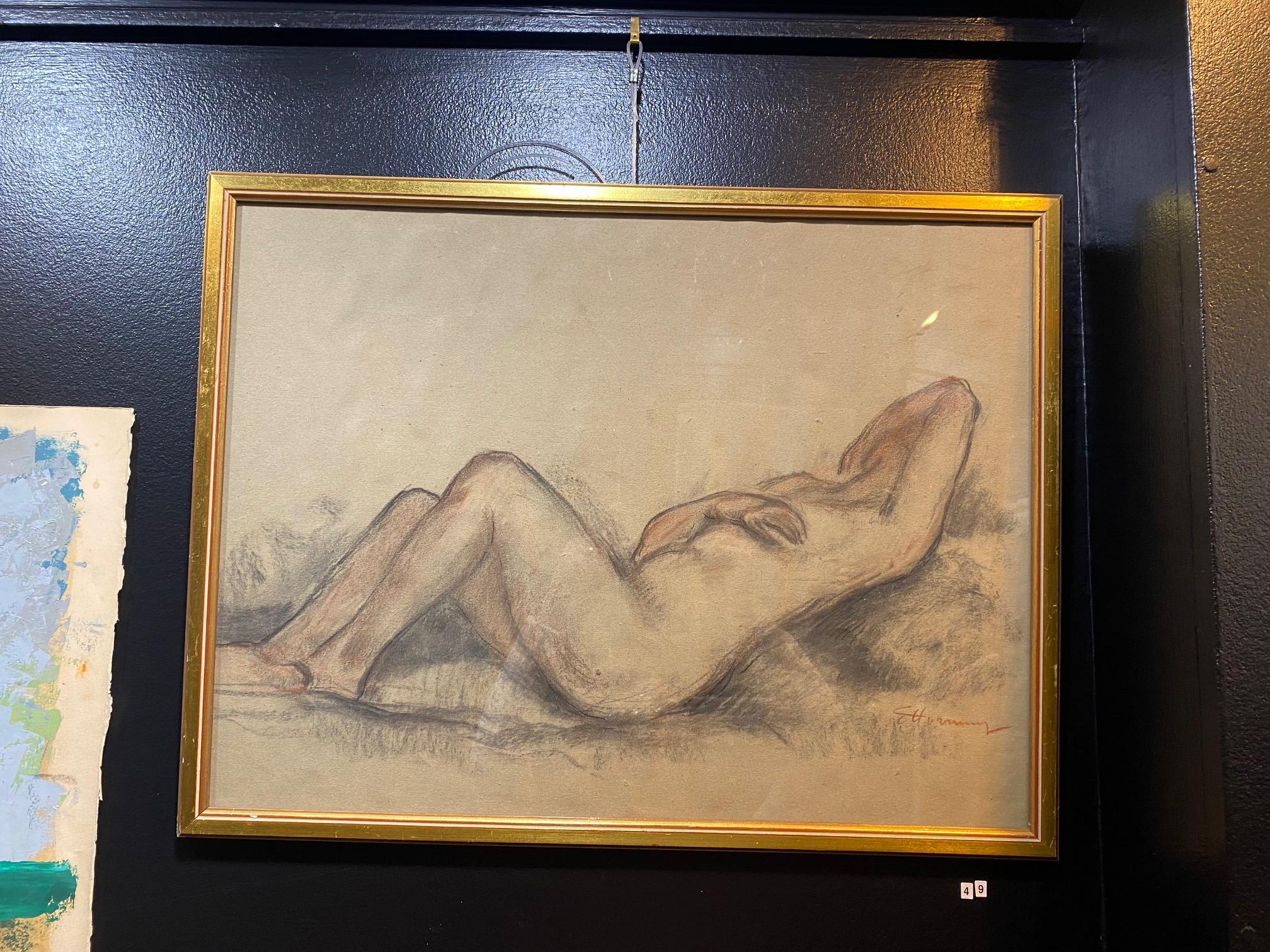 « Lying naked woman » par Emile Hornung - Pastel sur papier 65x49 cm - Beige Nude par Charles Émile Hornung