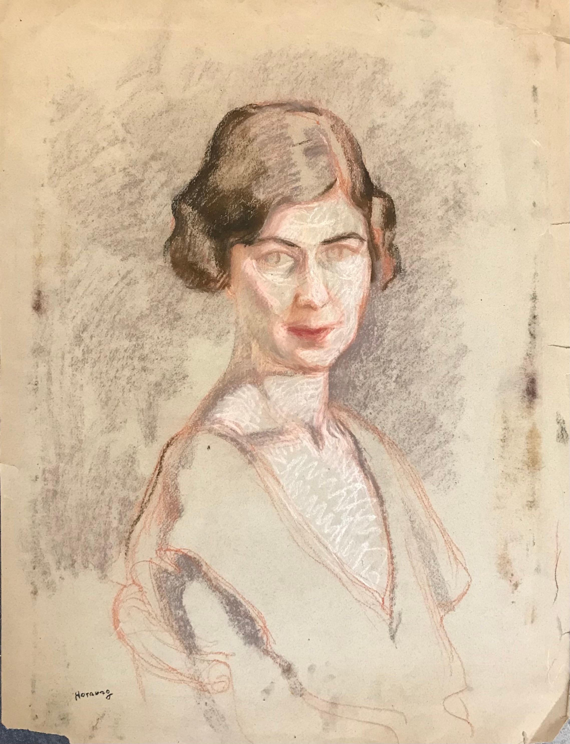 Charles Émile Hornung Portrait – Porträt einer Frau von Emile Hornung - Pastell auf Papier 48x63 cm