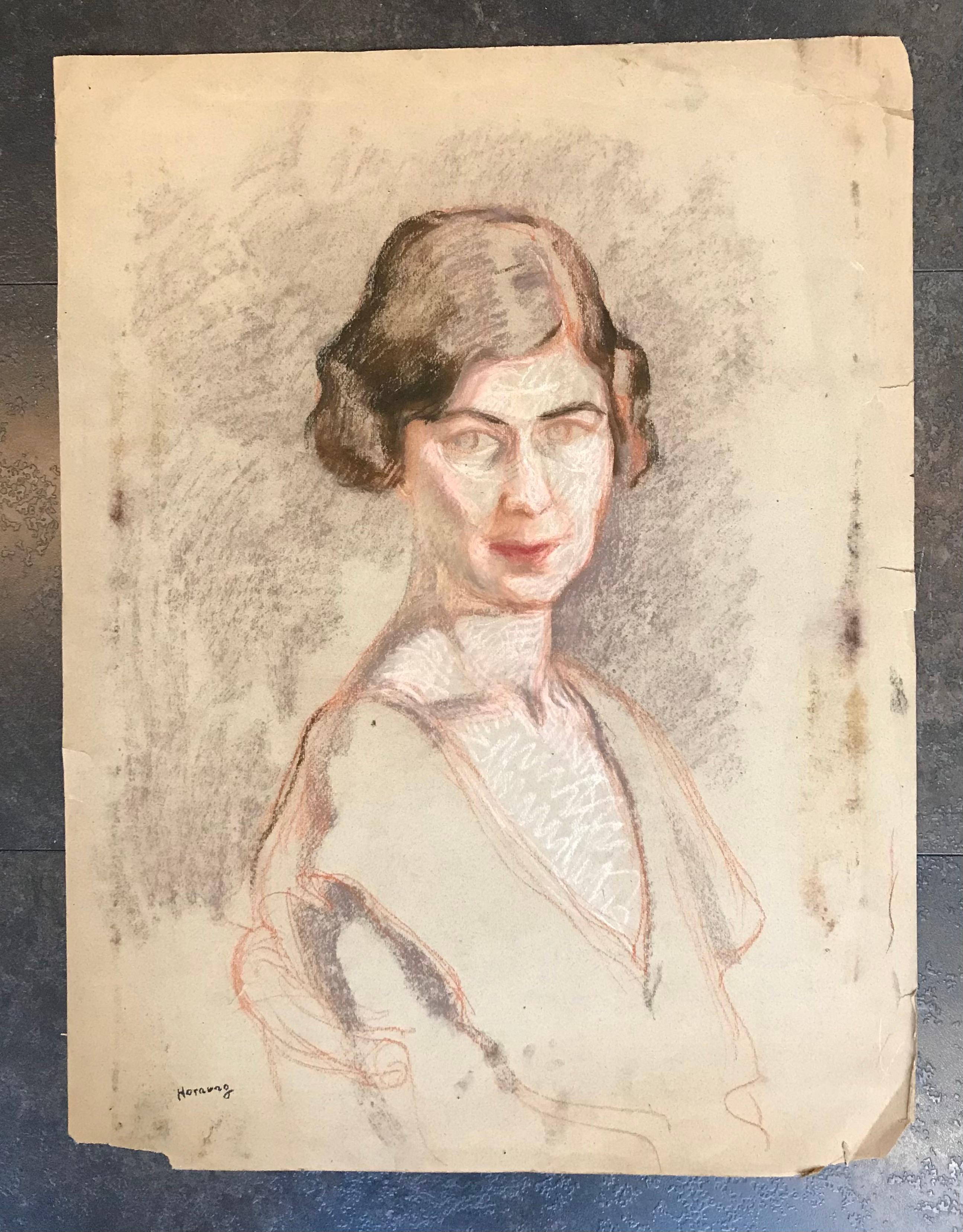 Porträt einer Frau von Emile Hornung - Pastell auf Papier 48x63 cm (Beige), Portrait, von Charles Émile Hornung